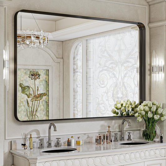 Bathroom Mirror 30x48 inch, Black Gorgeous Deep Frame Wall Mirror, Modern Round Corner Bathroom Vanity Mirror for Bedroom, Living Room, Hanging or Leaning Horizontal or Vertical, Black