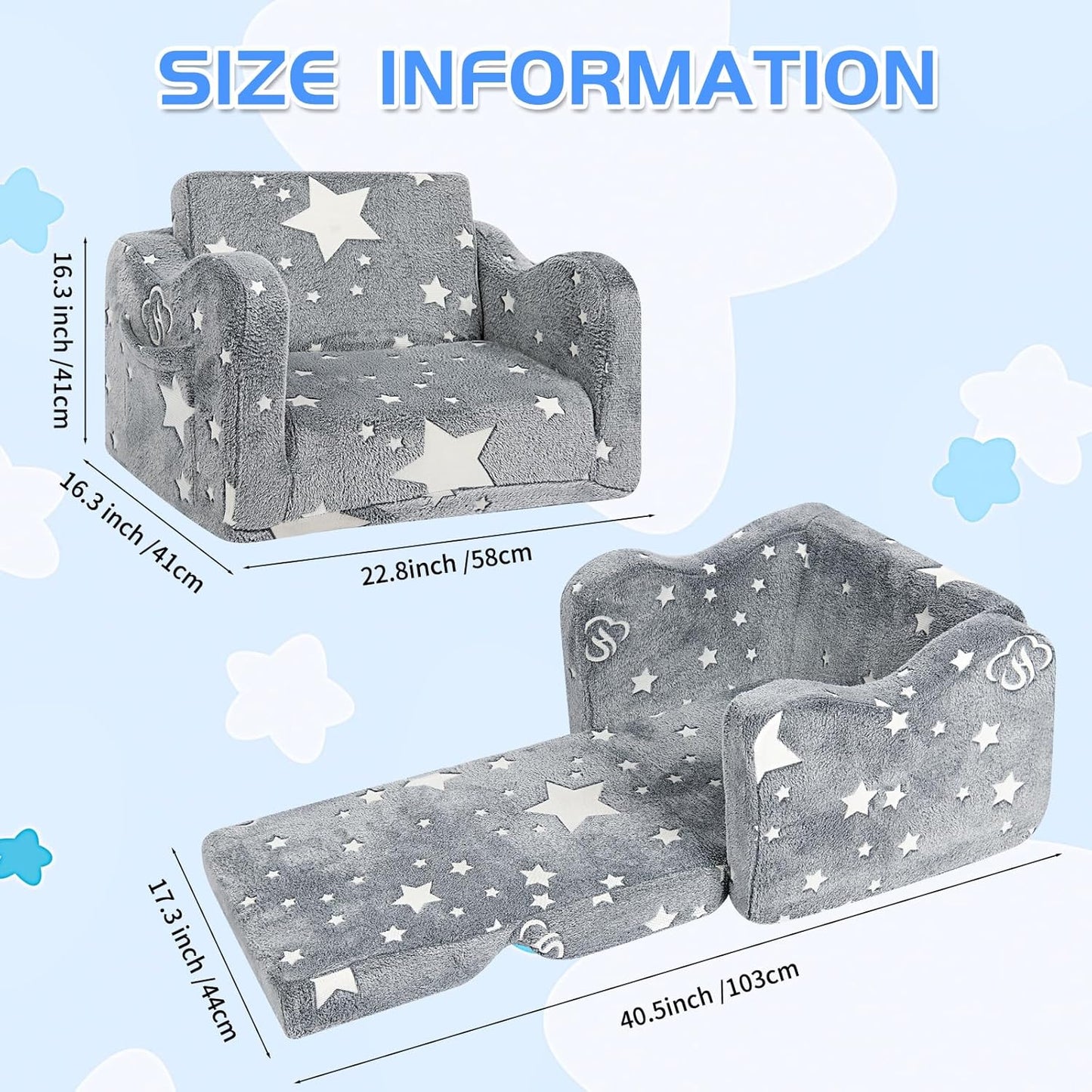 Kids Couch for Toddlers, 2-in-1 Kids Sofa Toddler Couch Chair Glow in The Dark, Comfy Soft Foldable Kid Chair for Girls and Boys