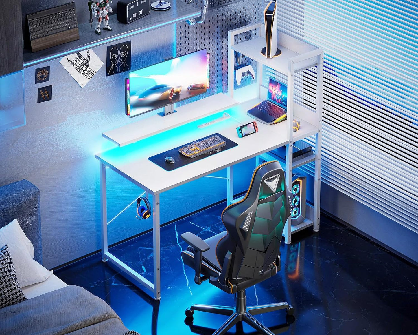 ODK Reversible Gaming Desk with USB Charging Port and LED Lights, 40 Inch Computer Desk with Storage Shelves & Monitor Stand, Writing Study Table for Home Office, Small Space Bedroom, White