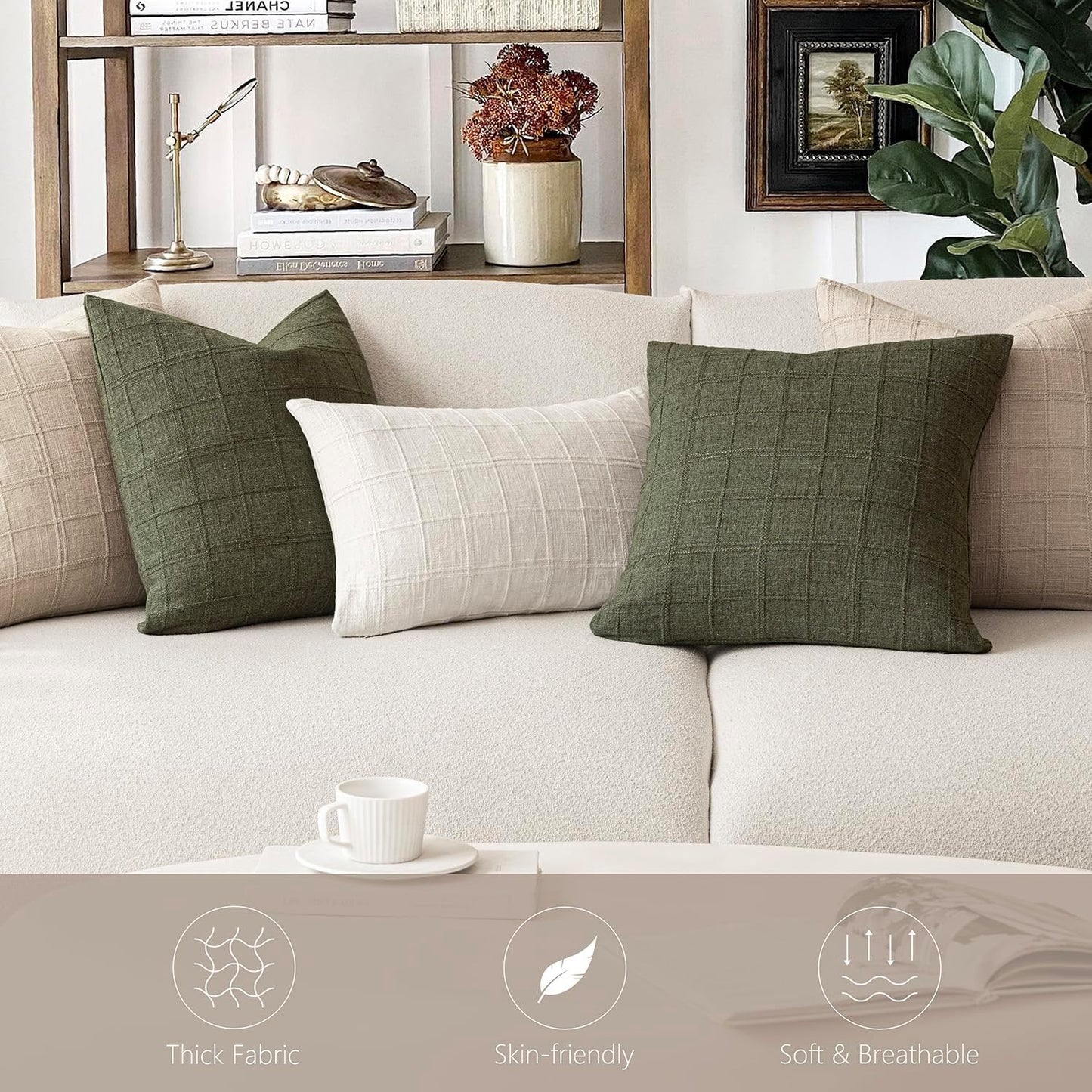 Foindtower Set of 2 Decorative Linen Check Throw Pillow Covers Neutral Farmhouse Vintage Cushion Covers Modern Boho Home Decor For Sofa Chair Couch Bedroom Living Room Outdoor,26×26 Inch,Natural Linen