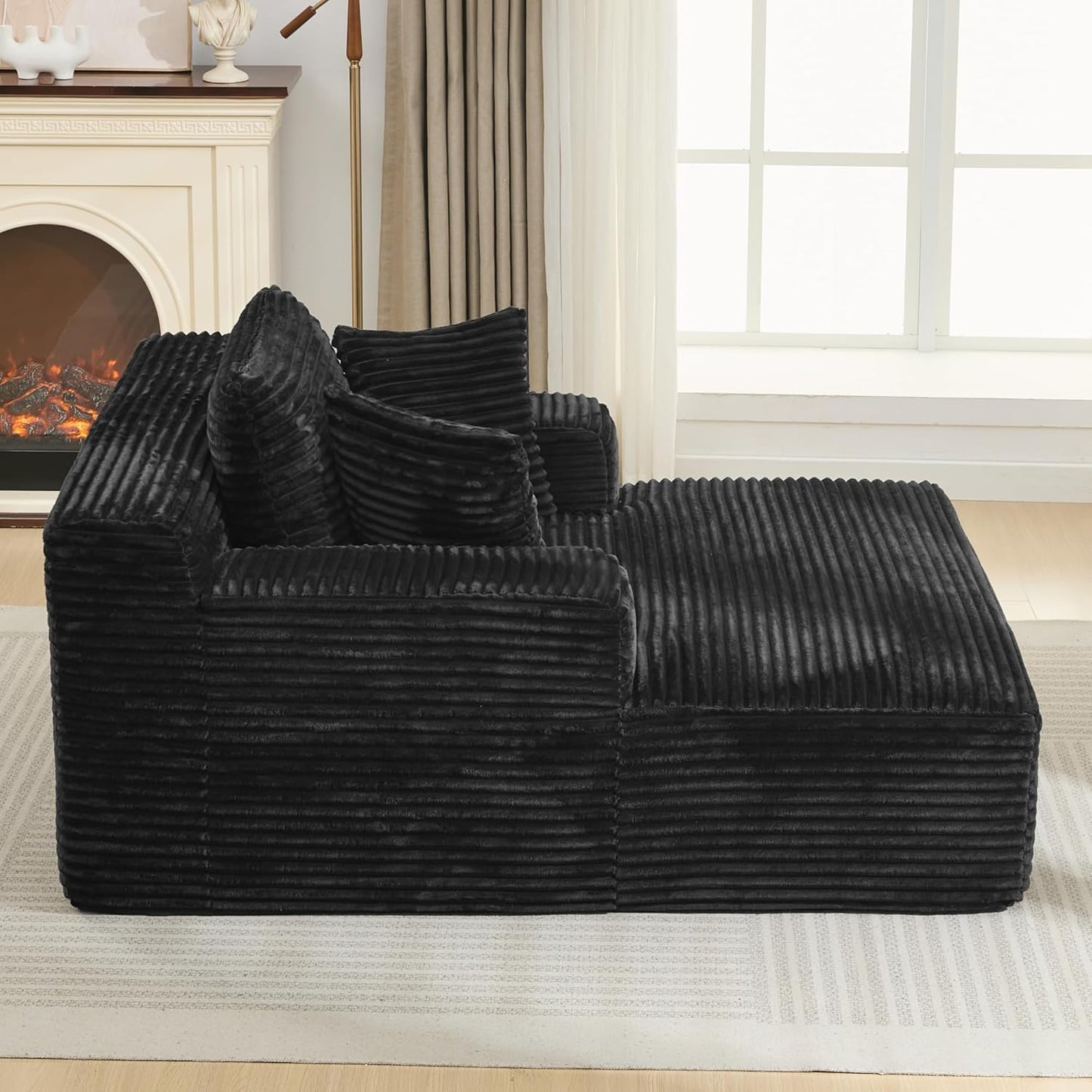 Oversized Chaise Daybed Lounge Sleeper Chair Sofa Bed Indoor, Fluffy Corduroy Upholstered Sleeper Recliner Sofabed Full Foam Boneless Cloud Sofabed W/3 Pillows for Home/Apartment Living Room Bedroom