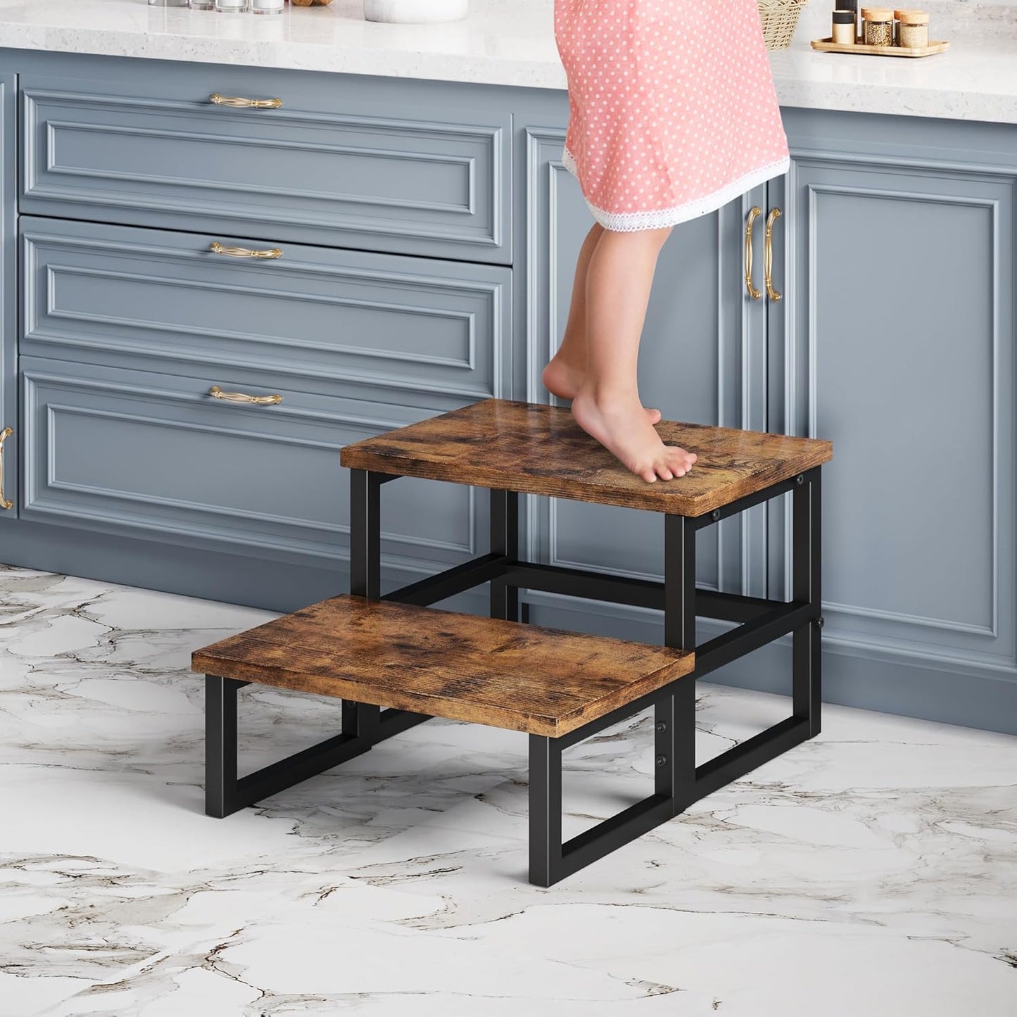 Homeiju 3 in 1 Step Stools for Adults Kids Toddler, Heavy Duty Wooden Step Stool with Non-Slip Pads, 2 Tire Step Stool for Kitchen Bathroom Bedroon Stepping Stool, Rustic Brown