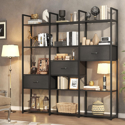 73.6" Tall Bookshelf with 3 Drawers and 16 Storage Shelves, Industrial Bookcase with 16 Open Display Shelves, Large Etagere Bookshelf, Triple Wide Book Shelf Book Case for Home & Office, Black