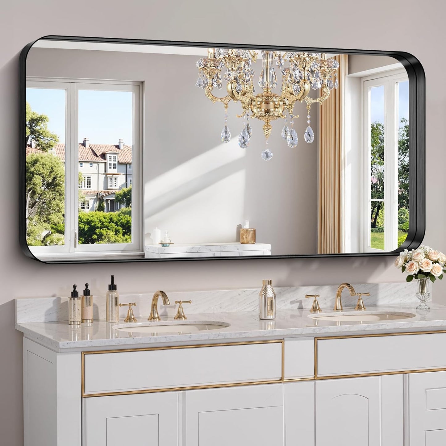 FORBATH 60x30 Inch Large Bathroom Mirror for Double Sinks, Brushed Black Deep Frame Wall Mirror with Rounded Corners, Anti-Rust Tempered Glass for Modern Farmhouse Vanity (Horizontal/Vertical)