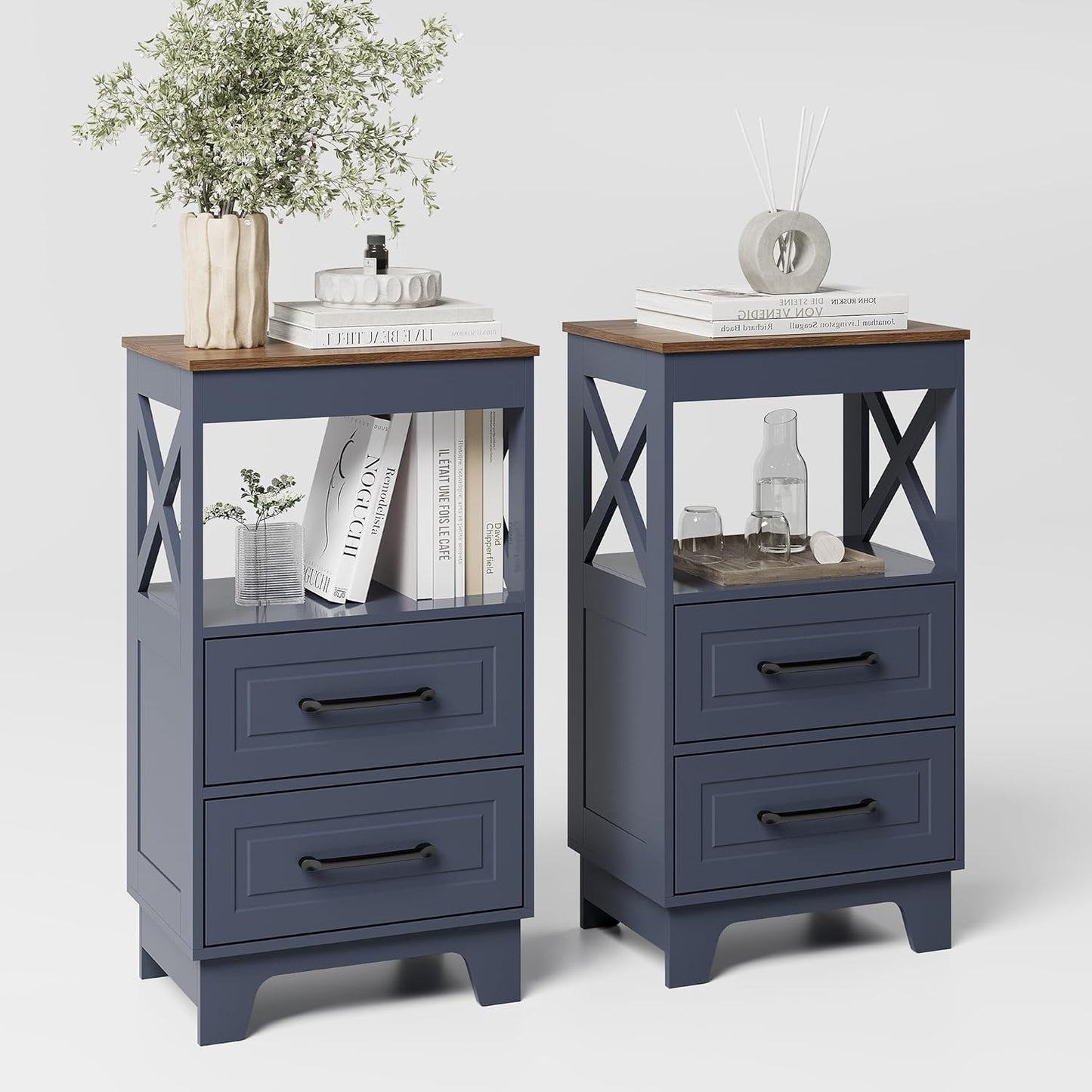 Tall Nightstand Set of 2 Side Table with 2 Drawers Modern Night Stand Wooden Rustic End Table Bedside Table with Upper Open Shelf Solid Feet for Bedroom, Living Room, Navy Blue+Walnut