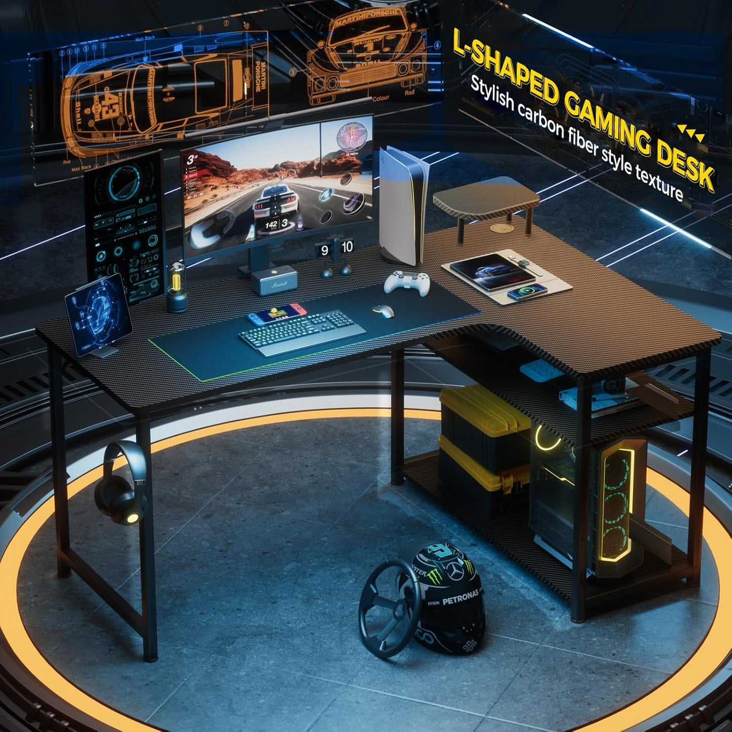 GTRACING L Shaped Gaming Desk, Carbon Fiber Style Computer Desk Compatible with Monitor Arm Storage Shelves Corner Desk Gaming Table for Home Office Desks Easy to Assemble Adjustable Shelf Height