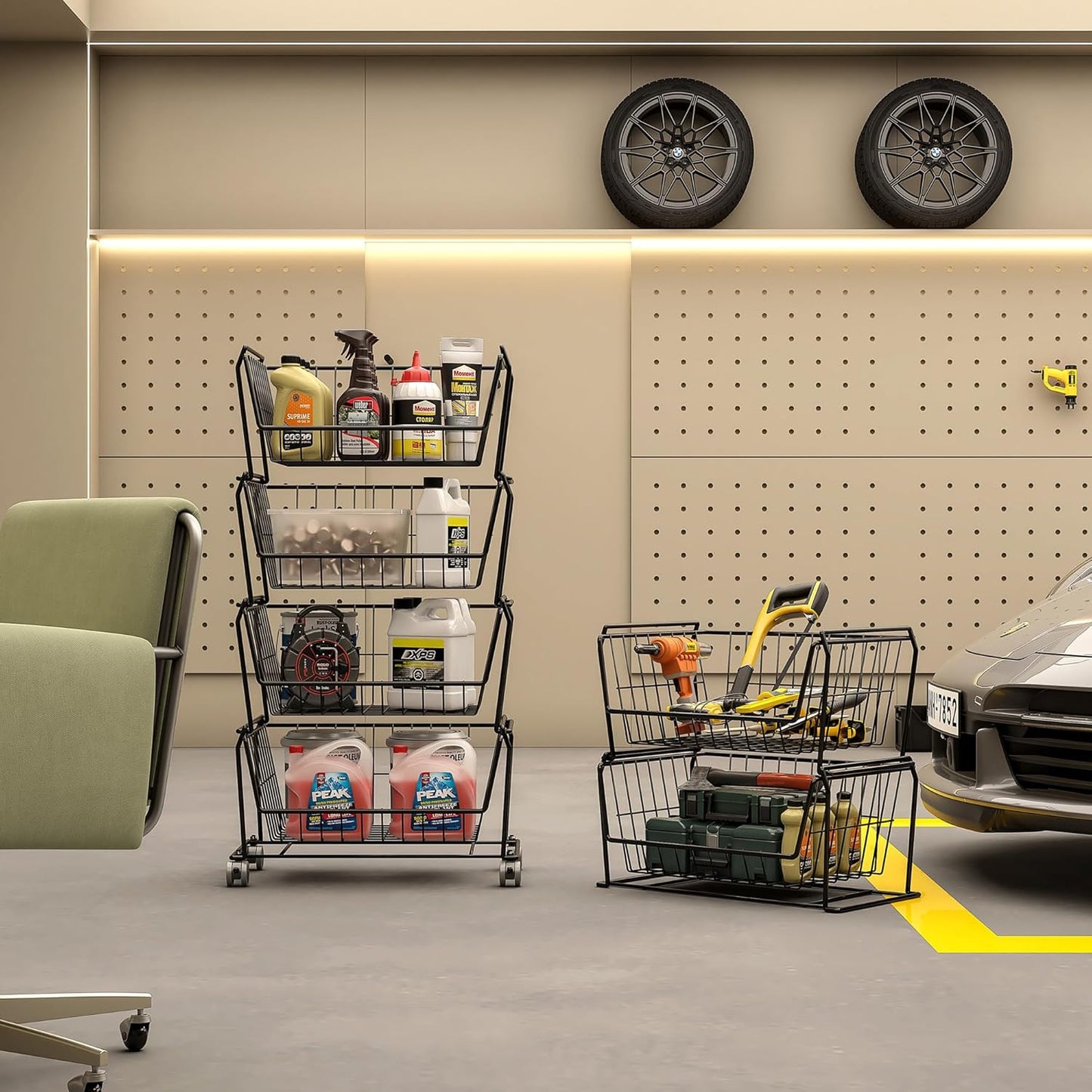 PUSDON Stackable Metal Storage Carts, Dual Use Shelf for Kitchen Fruit Vegetable Baskets with Wheels, Storage Rack for Living Room, Home & Office, Standard Black 6 Tiers