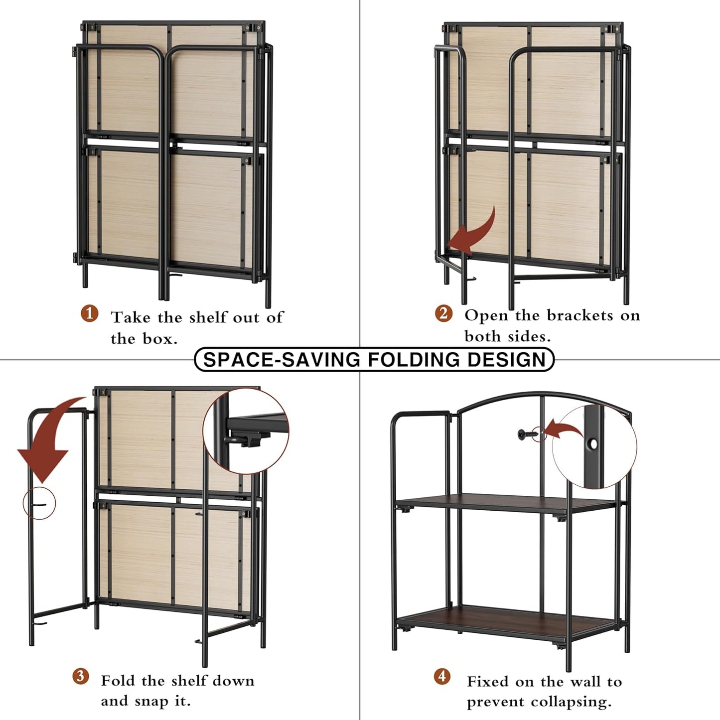 Crofy No Assembly Folding Bookshelf for Living Room, 2 Tier Black Collapsible Book Shelf for Home Office, Portable Bookcase Storage Organizer