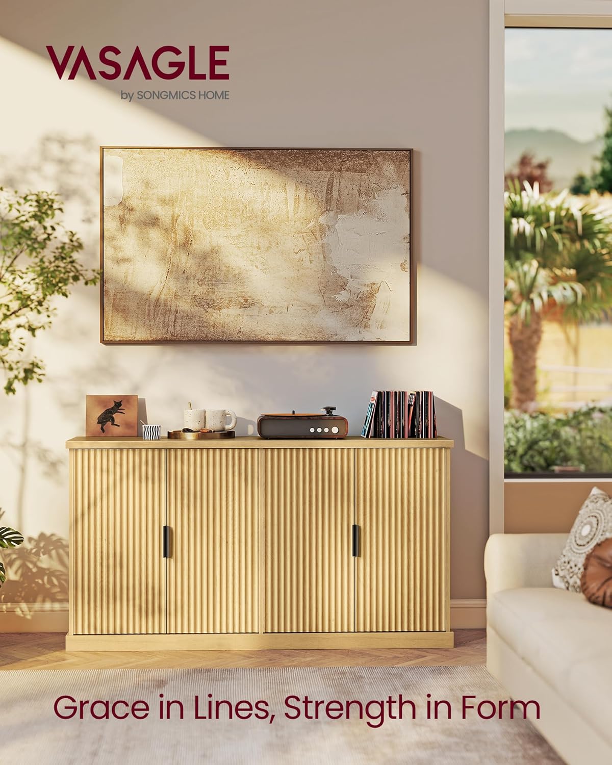 VASAGLE MAXE Collection - Buffet Cabinet, Console Cabinet, Sideboard with Adjustable Shelves, Fluted Doors, Transitional, Kitchen Pantry, Oak Beige UBBK382Y01S