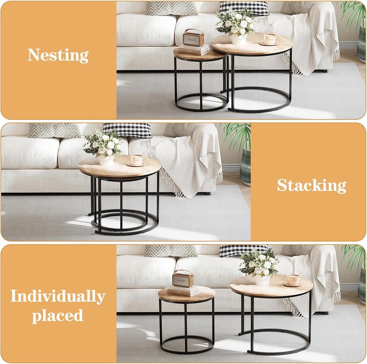 Garden 4 you Nesting Coffee Table, 23.6" Round Coffee Table Set of 2, Wooden Nesting Table Set for with Metal Frame, Side Tables for Living Room Bedroom Balcony, Brown