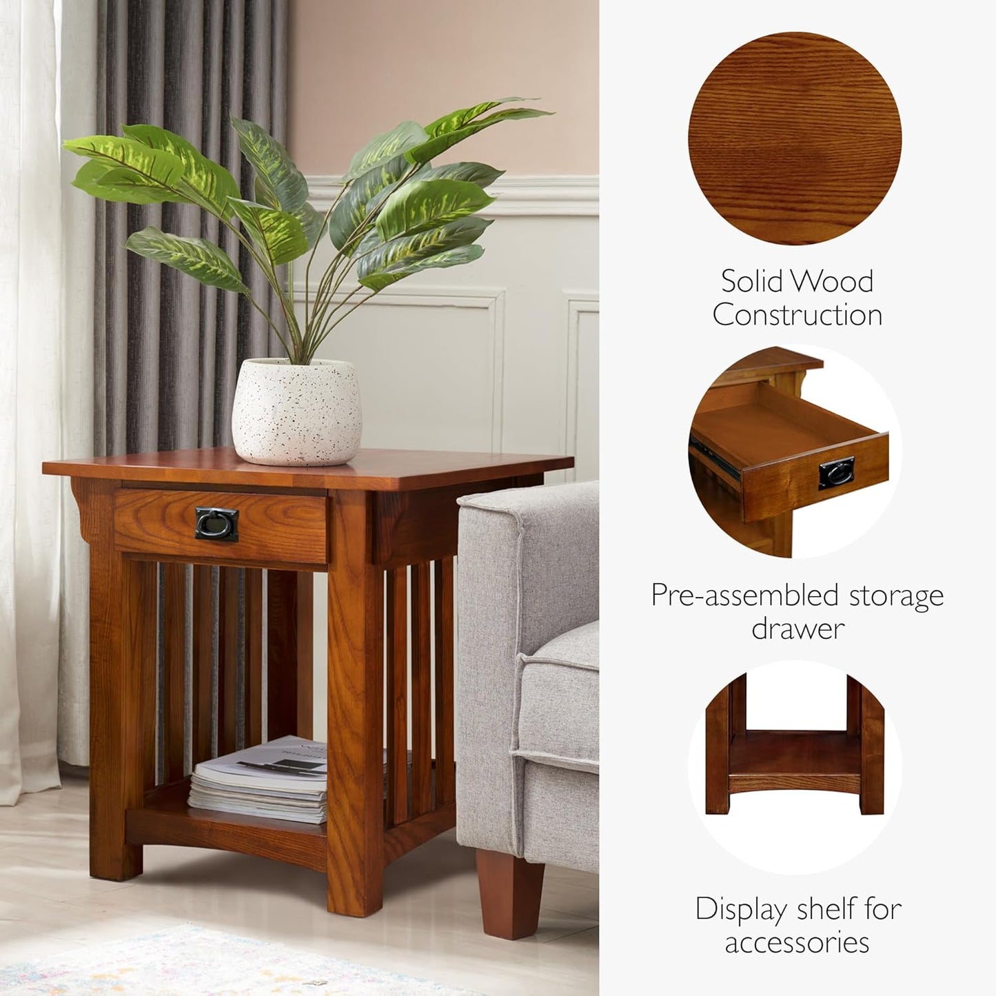 Leick Home Mission Impeccable End Table, Solid Wood Accent Table with Drawer & Shelf, Medium Oak Finish, Craftsman Style, 22 in L x 25 in D x 23 in H, 8207