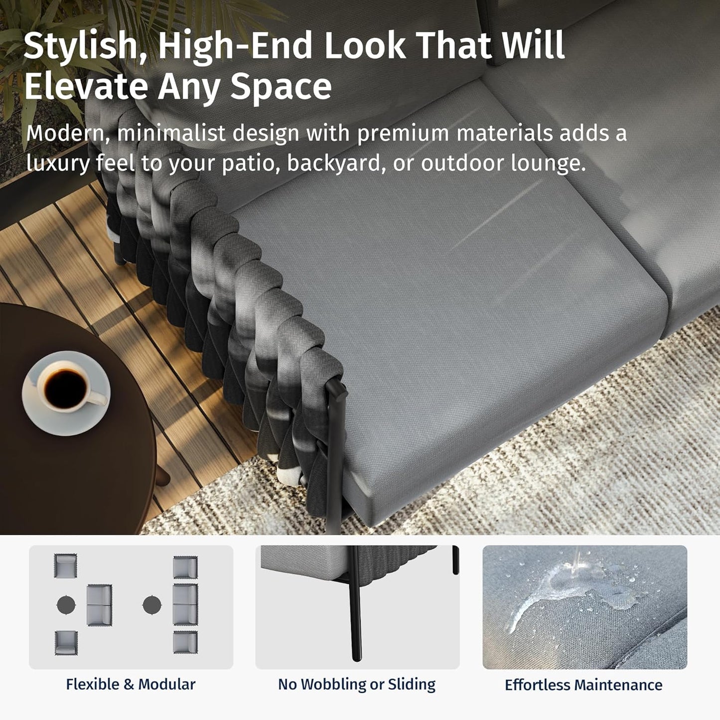 EAST OAK Corner Patio Furniture Set | Life Chatter 5-Seat Outdoor Furniture | Deep Seating Corner Sofa with Round Coffee Table | Extra-Thick & Washable Cushions | Misty Grey