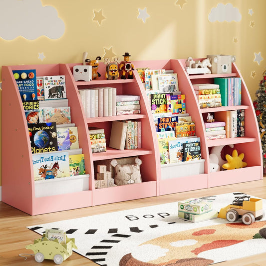 4 Tier Kids Bookshelf Set of 2,4 Layer Sling Kids Book Shelf for Kids Rooms,Wood Children Bookcase,Baby Storage Book Rack,Toddler Bookshelf, Book and Toy Organizer,Book Display Shelf for Nursery