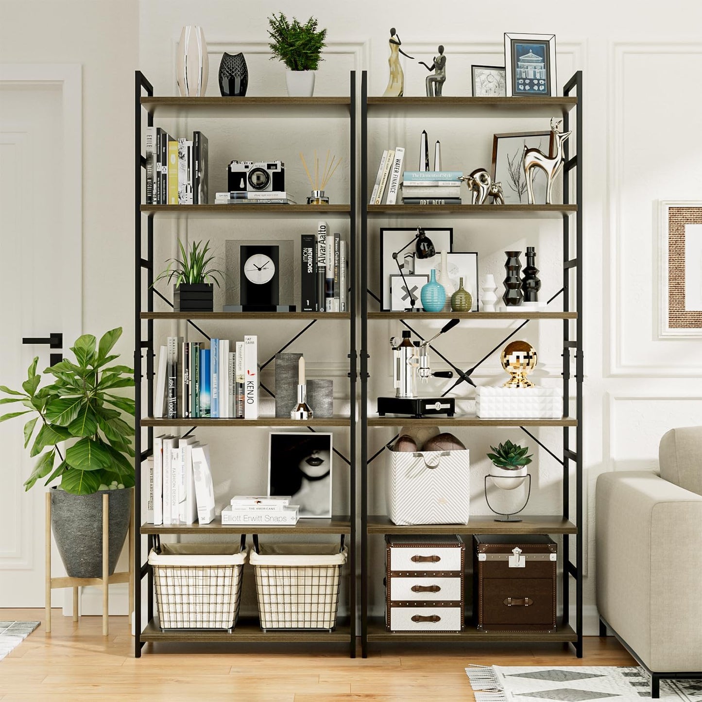 NUMENN 6 Tier Bookshelf, Tall Bookcase Shelf Storage Organizer, Modern Book Shelf for Bedroom, Living Room and Home Office, Dark Walnut