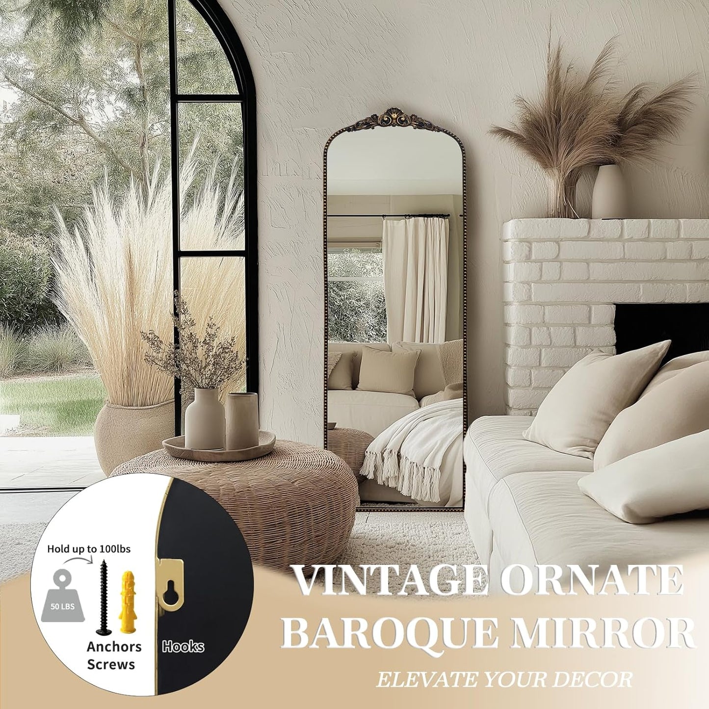 G-LEAF Vintage Baroque Mirror 22"X65", Victorian Antique Farmhouse Mirror with Gold Ornate Metal Frame for Fireplace Entryway Living Room Hallway Bathroom