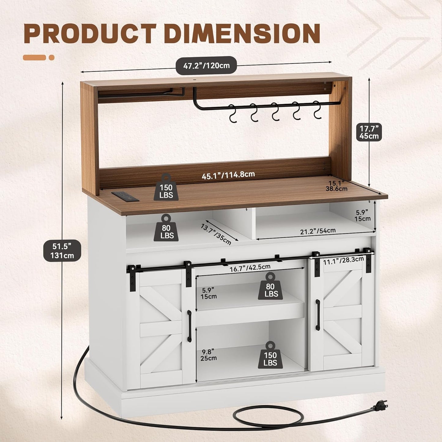 YITAHOME 47" Coffee Bar with Goblet Holder & Power Outlet, Buffet Cabinets with Storage,Farmhouse Sideboard Cabinets with Sliding Barn Doors for Kitchen, Living Room (White)