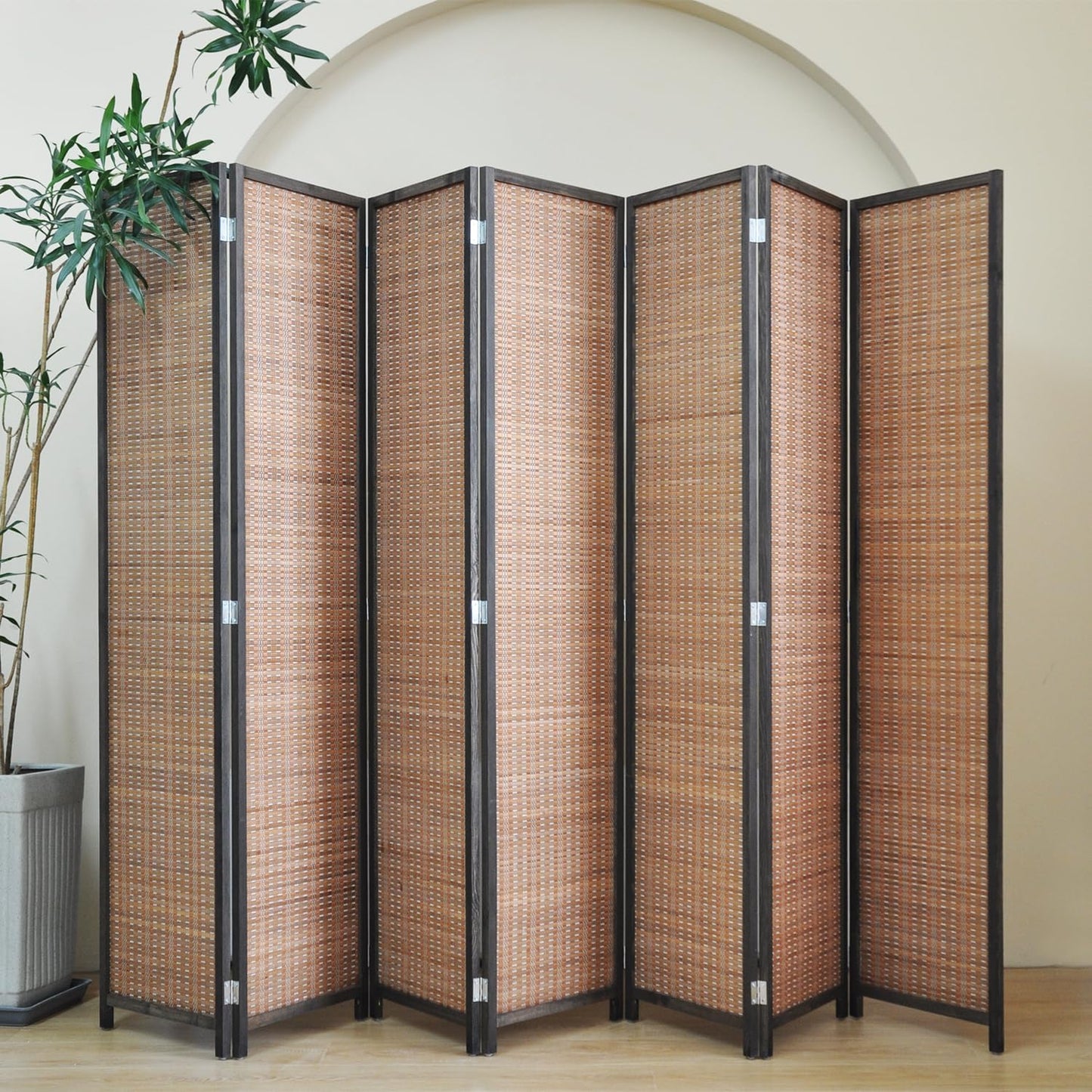 7 Panel Bamboo Room Divider - Folding Screen for Room Separation, 67" H x 107.5" W