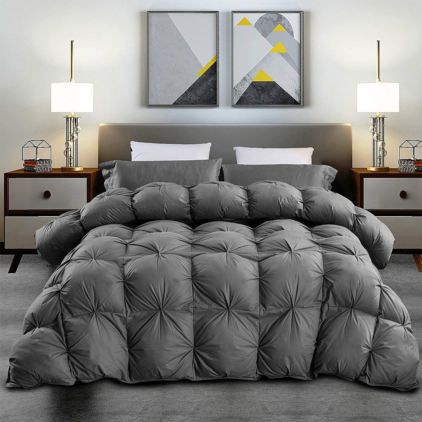 Luxurious Heavyweight Goose Down Feather Fiber Comforter Duvet Insert, Exquisite Gray Pinch Pleat Design, Oversize Palatial King 120 x 98, Premium Baffle Box 100% Egyptian Cotton, 95 oz Fill Weight