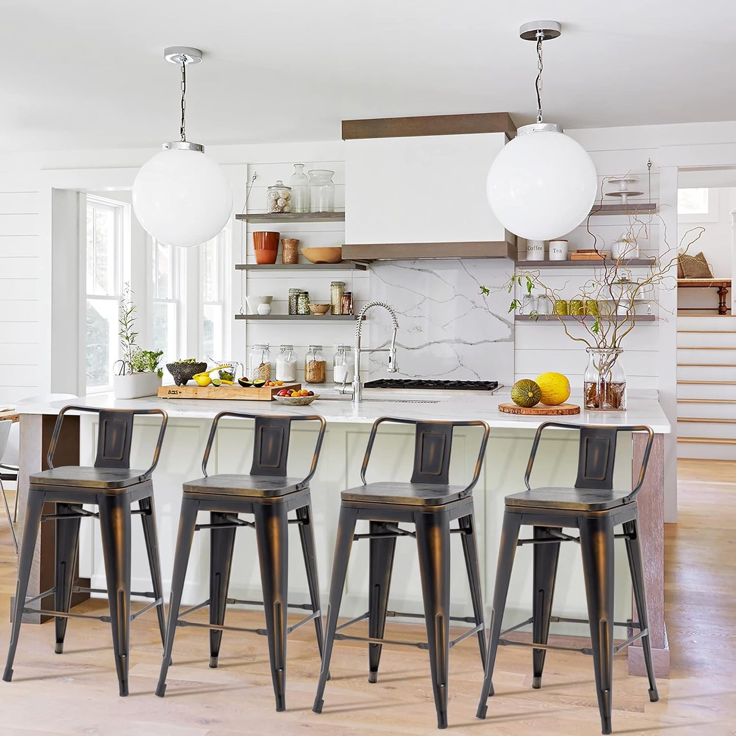 30 Inch Swivel Bar Stools Set of 4 with Backs Counter Height Industrial Metal Barstools Island Bar Chairs for Home Kitchen Dining Room (Swivel 30 inch, Distressed Gold Wooden)