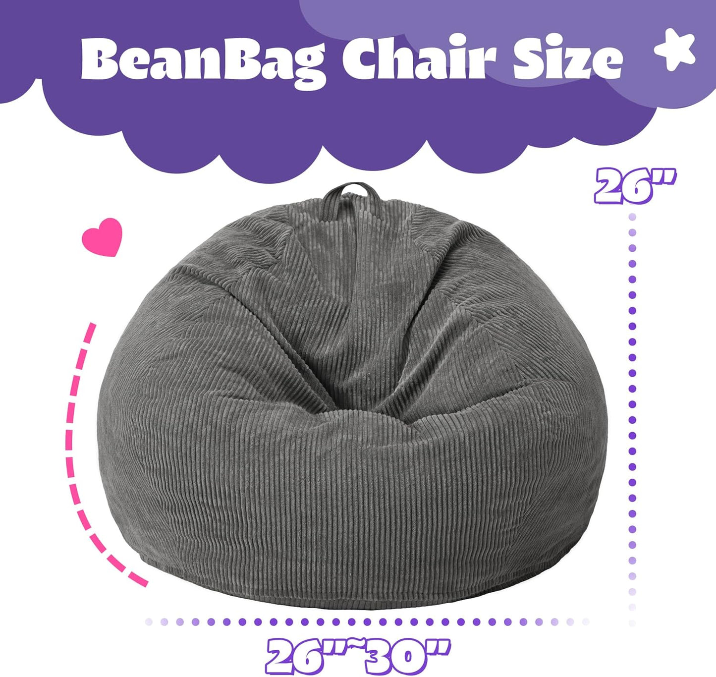 HABUTWAY 2 FT Bean Bag Chair,Giant Bean Bag Chairs,Big Bean Bags with Memory Foam Filled, Large Beanbag Chairs with Soft Corduroy Cover-Grey