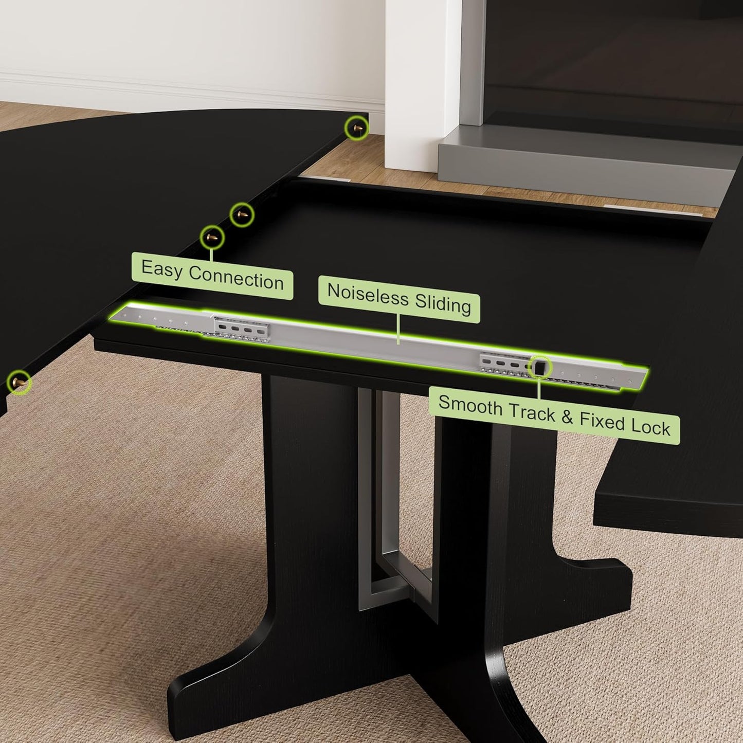 Feonase 59" Round Extendable Dining Room Table for 4-6, Modern Oval Kitchen Table with Heavy Duty Wood Base, Metal Frame Support, for Kitchen Dining Living Room, Easy Assembly, Black