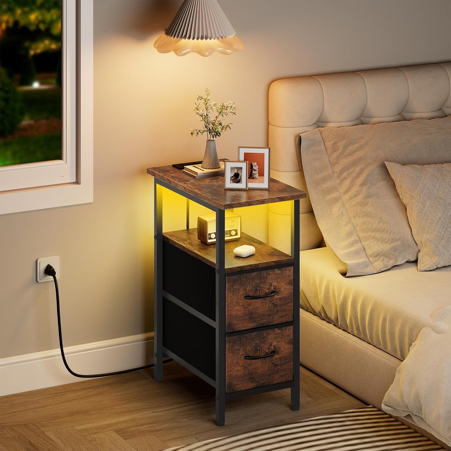 Vagusicc Nightstand with Charging Station and LED Lights, Narrow Side Table, LED Night Stand with 2 Fabric Drawers, Bedside Table with USB Ports and Outlets, Tall Nightstand for Bedroom, Rustic Brown