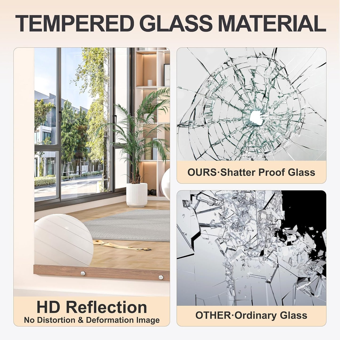 Hasipu 3Pcs 55''x17'' Home Gym Mirror Large Full Length Wall Mounted Full Body Mirror for Yoga Dance Fitness Exercise Studio Bedroom Garage, Frameless Tempered Glass Workout Mirrors Walnut Rectangular