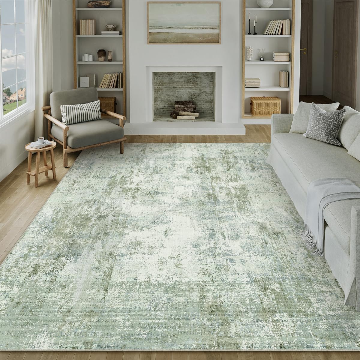 9x12Washable Area Rug Green Modern Neutral Abstract Living Room Bedroom Indoor Floor Carpet Low Pile Soft Non-Slip Lightweight Vacuumable Large Throw Rug for Nursery Dining Room