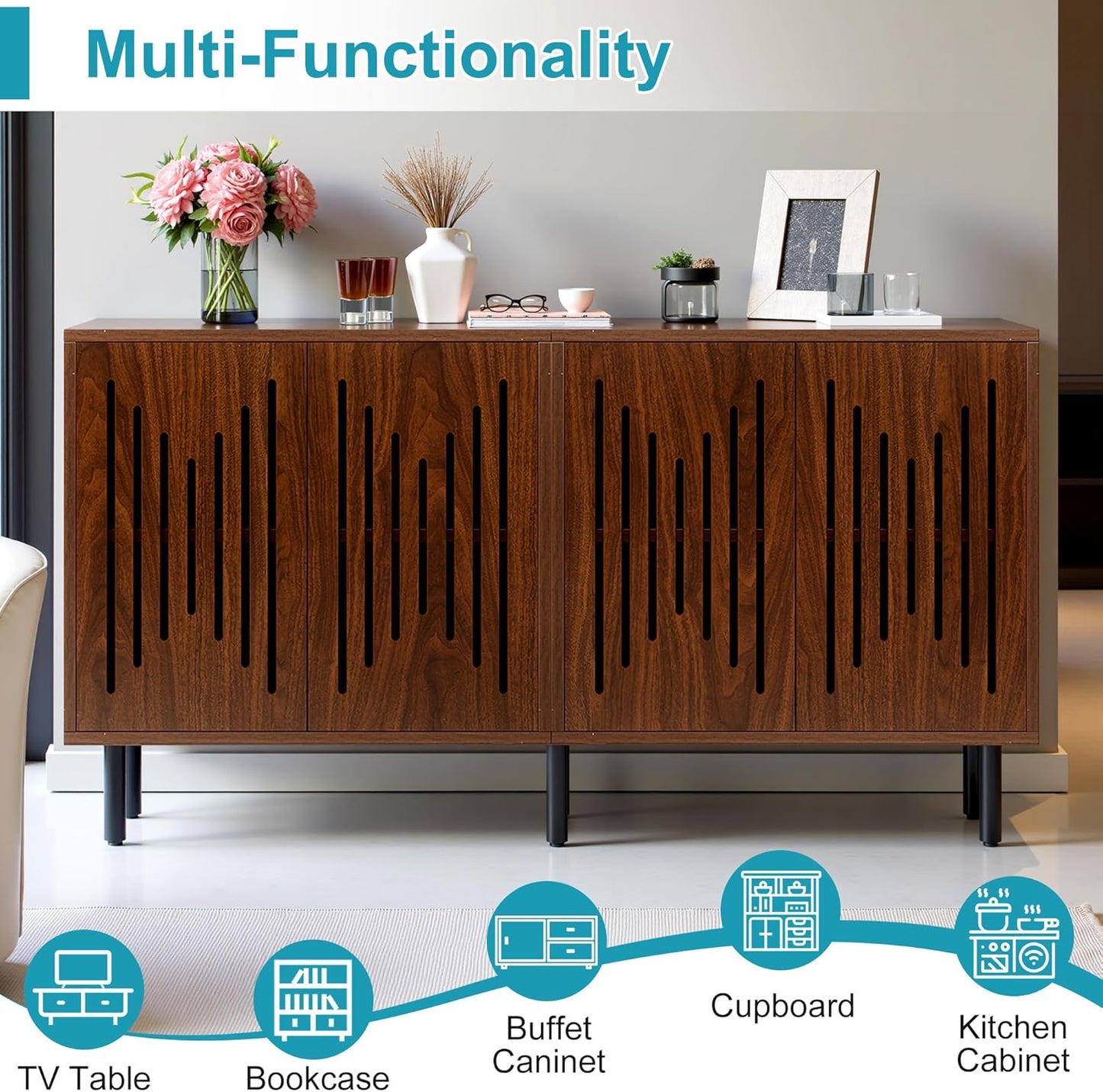 59" Sideboard Buffet Cabinet with Storage, Kitchen Buffet Storage Cabinet Set of 2, Modern Sideboard with Doors & Adjustable Shelves for Living Room, Kitchen, Hallway, Dark Walnut