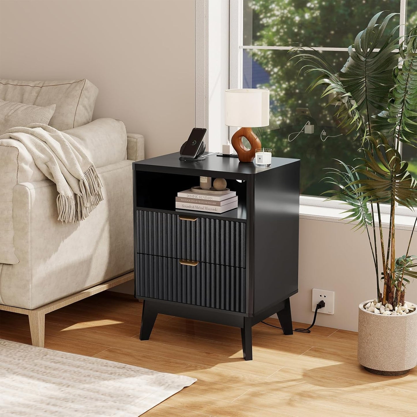 Fluted Nightstand with Charging Station, 19.7 inch Wide End Table with 2 Drawers, Modern Wood Bedside Table for Bedroom, Black
