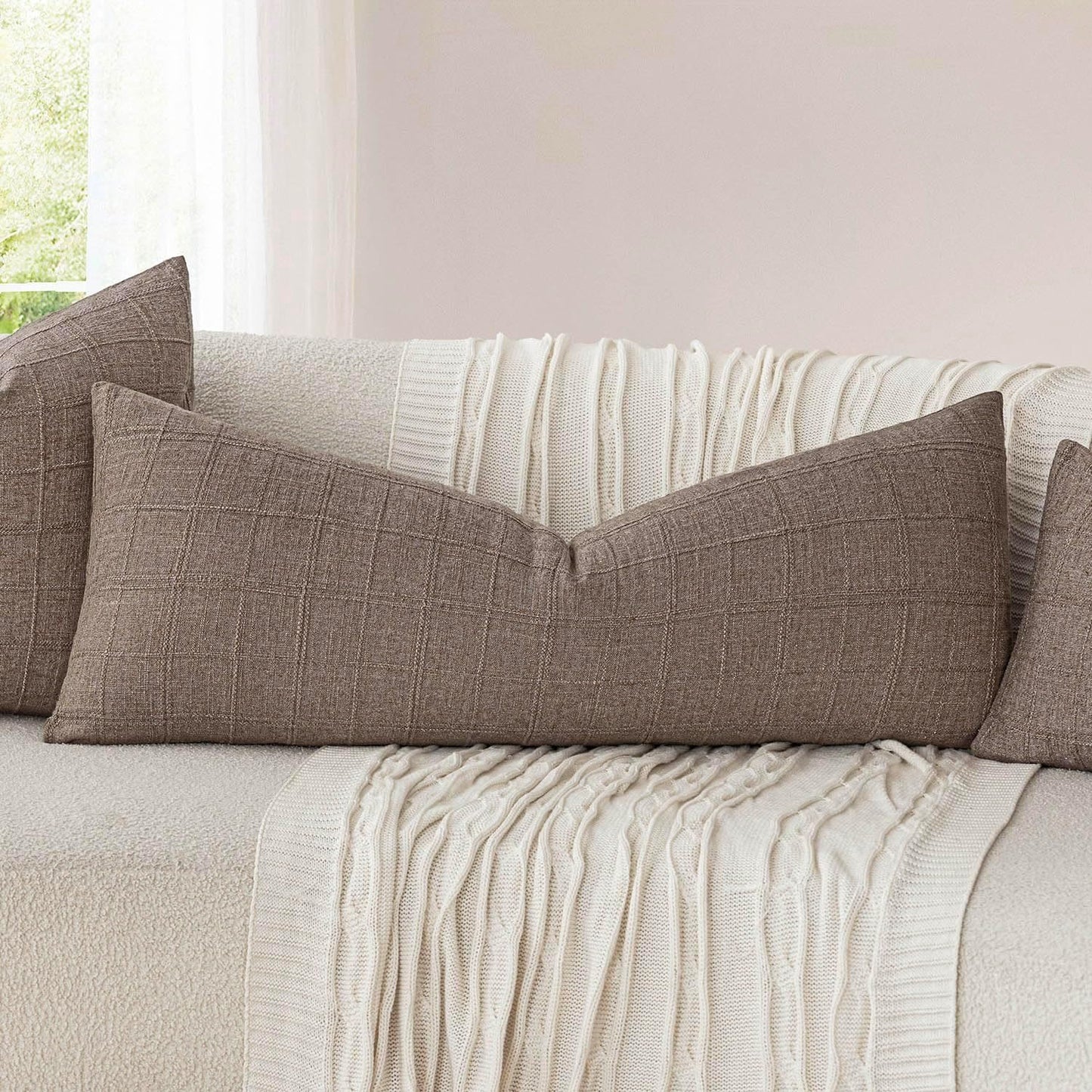 Foindtower Set of 2 Decorative Linen Check Throw Pillow Covers Neutral Long Body Lumbar Cushion Covers Farmhouse Vintage Boho Home Decor for Sofa Chair Couch Bedroom Living Room,14×36 Inch,Tan Taupe