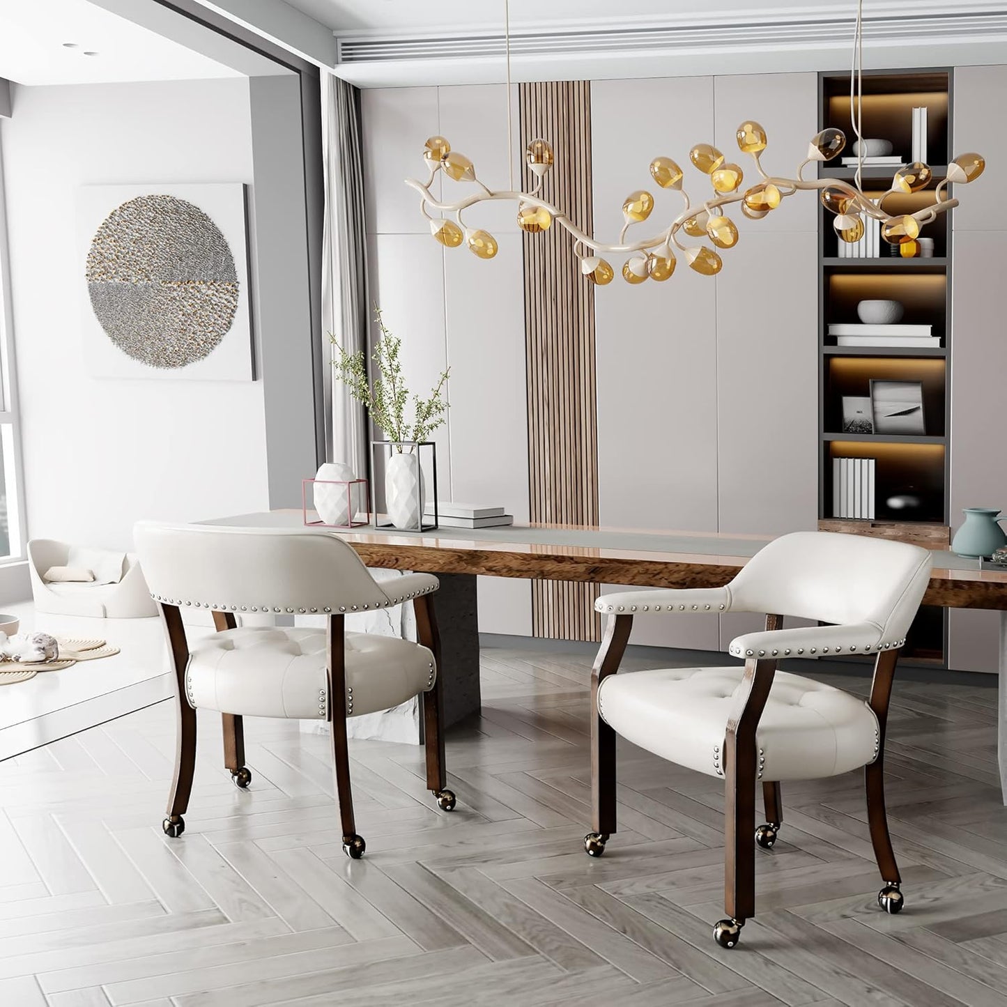 LEEMTORIG Large Dining Chairs with Casters and Arms, Rolling Dining Chairs with Wheels, Accent Solid Wood Boss Caption's Chairs, 26" D x 25.2" W x 31.5" H, Espresso Legs & Ivory PU SY-318-WT