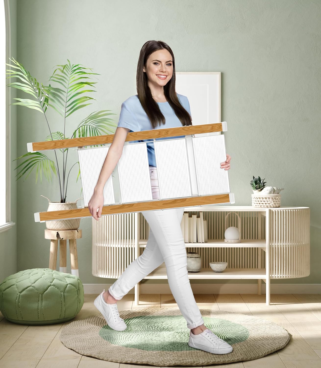 Lightweight Folding Step Ladder Household, Aluminum 4 Step Ladder Foldable for Home, Sturdy Step Stool for Adults 330 Lbs - White & Wood Grain