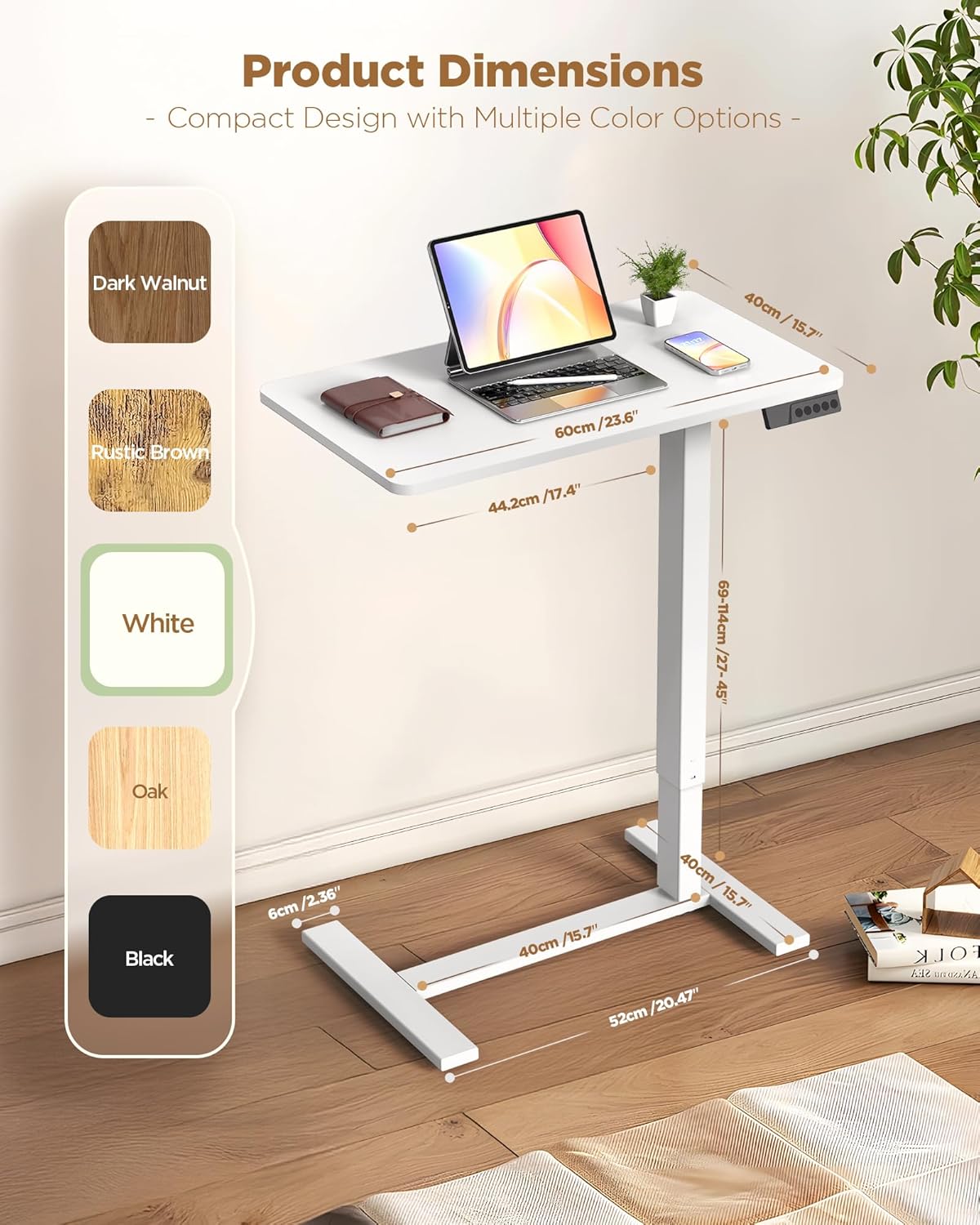 Electric Adjustable Height Standing Desk - Small Sit Stand Portable Rolling Laptop Table with Hidden Wheels, Small Computer Workstation for Bedside & Home Office Use (24"x16", White)