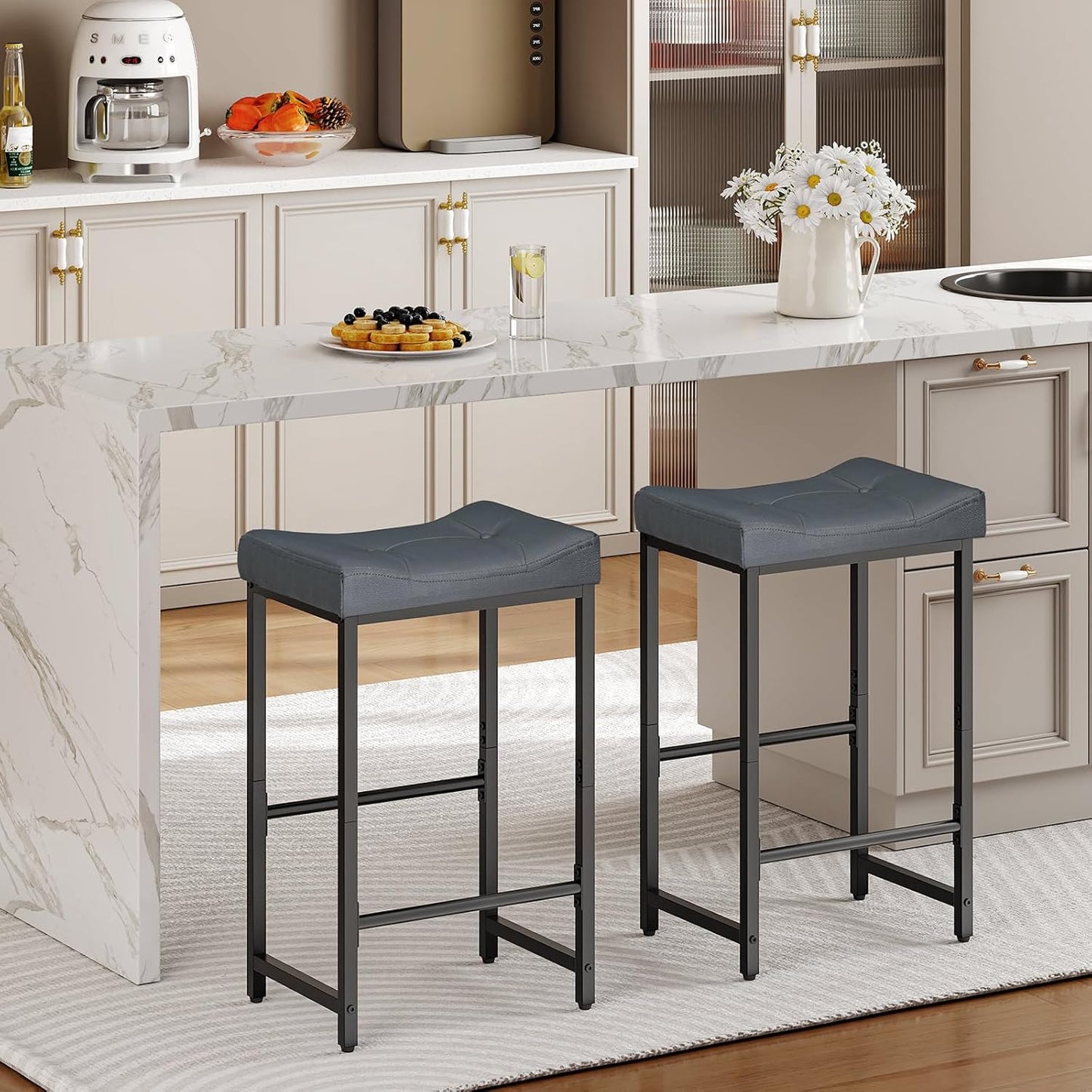 HOOBRO Barstools,25.4" Saddle Stools with PU Upholstery, Counter Height Stools with Footrest, Kitchen Breakfast Chairs, for Dining Room, Cafe, Bar, Gray and Black BGZ23BY01