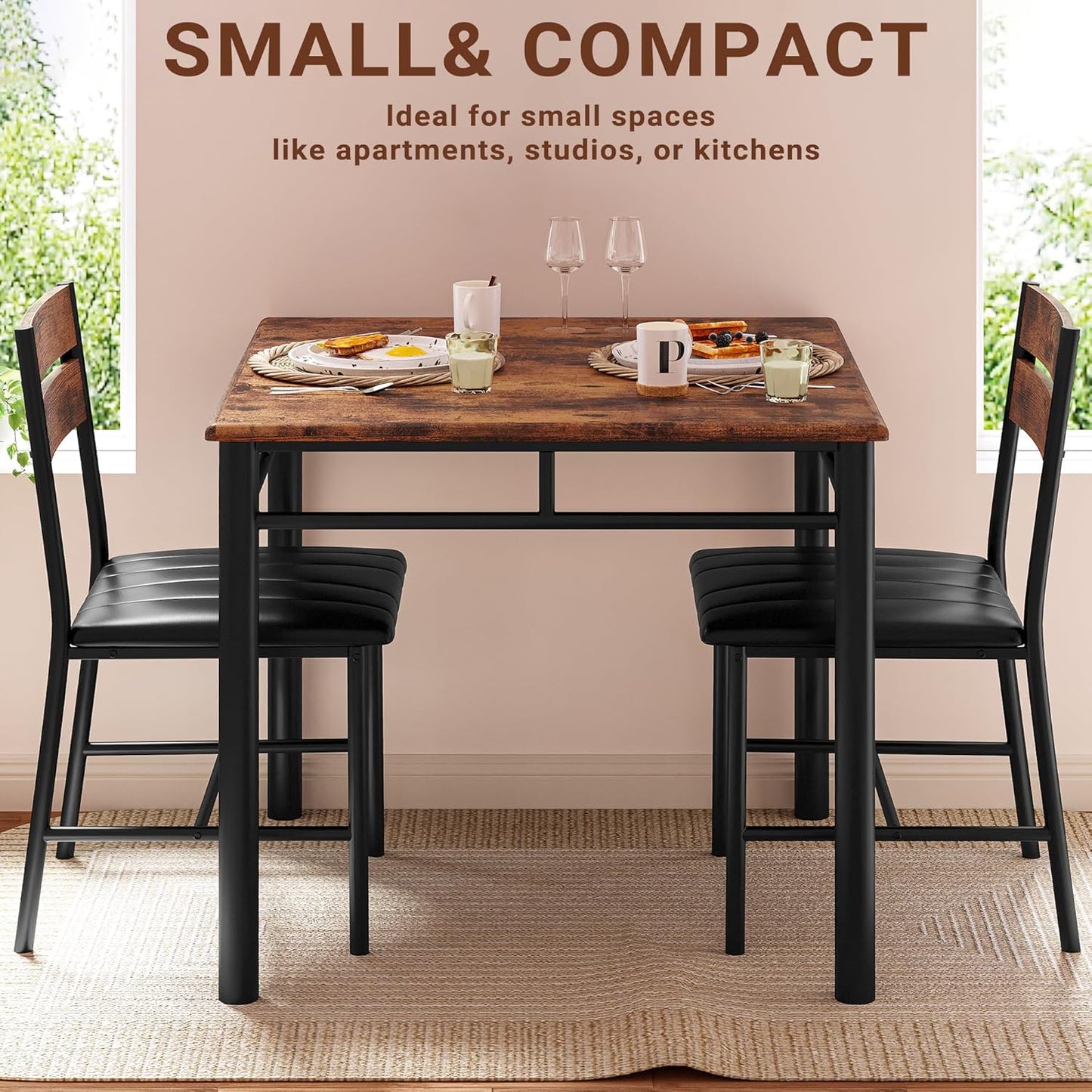 IRONCK Dining Table Set for 2, Small Kitchen Table with Upholstered Chairs Dinning Table Set for Kitchen & Dining Room, Compact Dining Set for Small Spaces, Rustic Brown