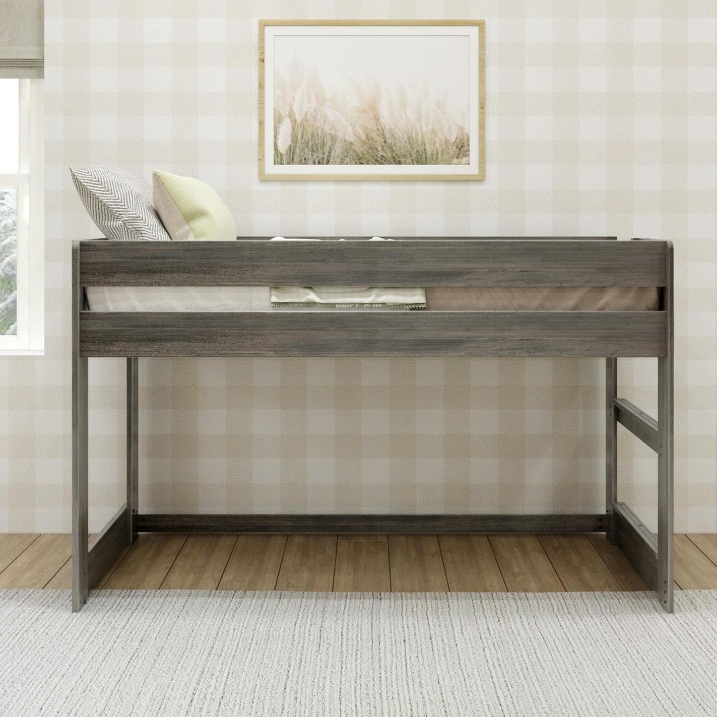 Max & Lily Modern Farmhouse Low Loft Bed, Twin Bed Frame For Kids, Driftwood