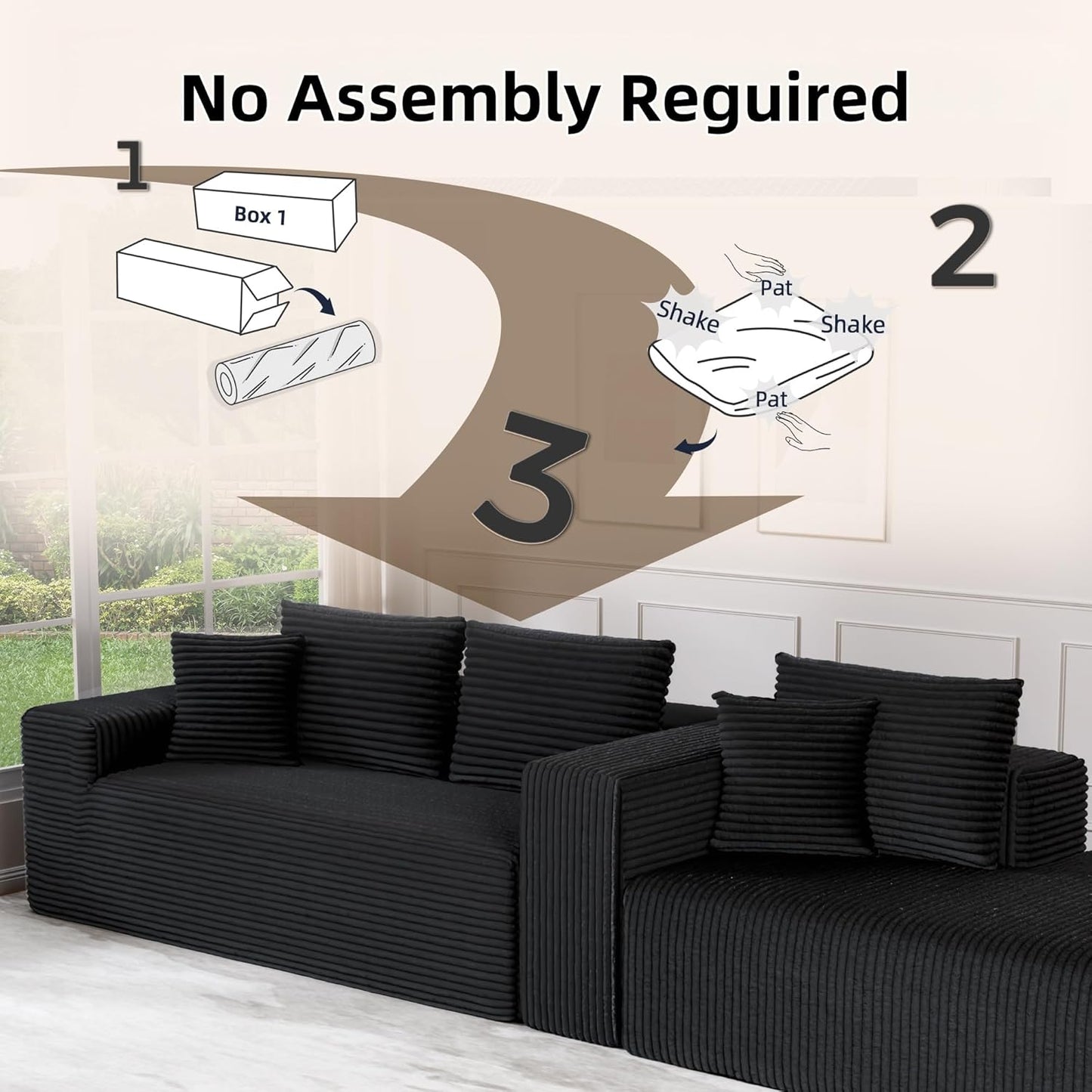 Cloud Sectional Couch, 104”L-Shape Large Oversized Sofa with Left Chaise Lounge, Modular Sleeper Couch with Pillows & Deep Seat, Flannel Velvet Compressed Sofa for Living Room, Black