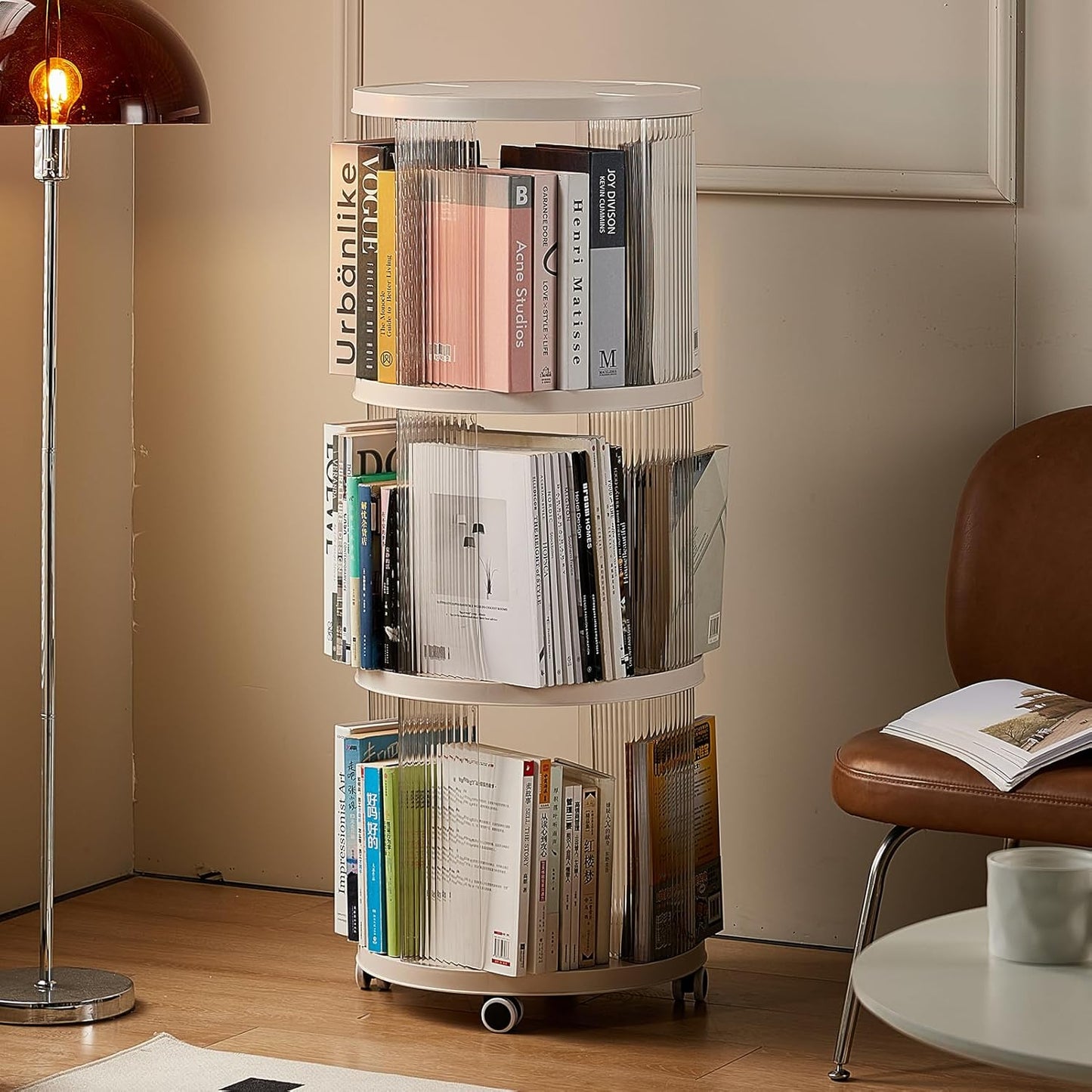 Rotating Bookshelf, 360°Display Spinning Rolling Bookshelf Tower, 3 Tiers Moveable White Small Mobile Corner Bookcase Suitable for Bedrooms, Living Looms, Offices, and Study Rooms