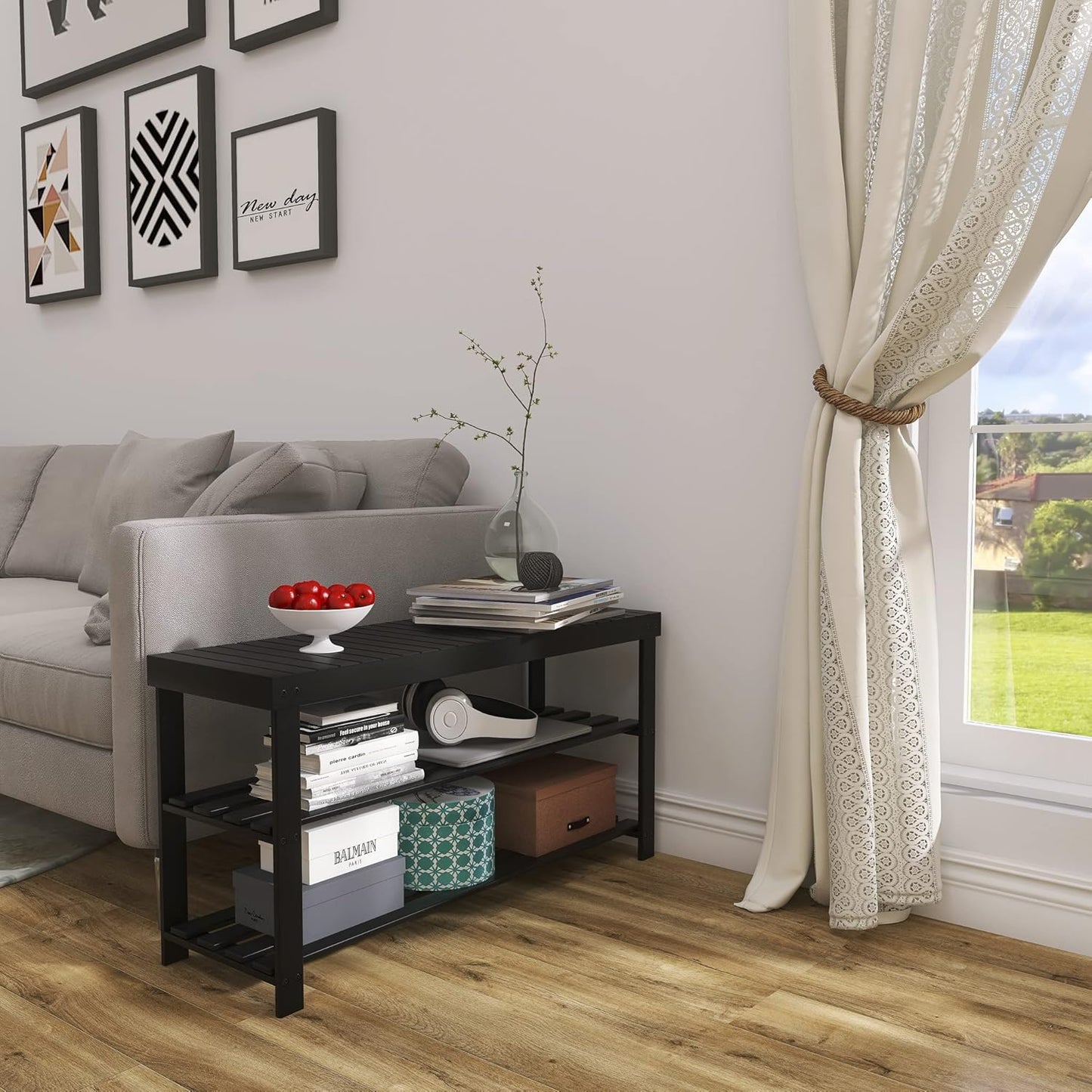 SMIBUY Bamboo Shoe Rack Bench, 3-Tier Shoe Organizer Storage Shelf for Entryway Hallway Bathroom Living Room (Black)