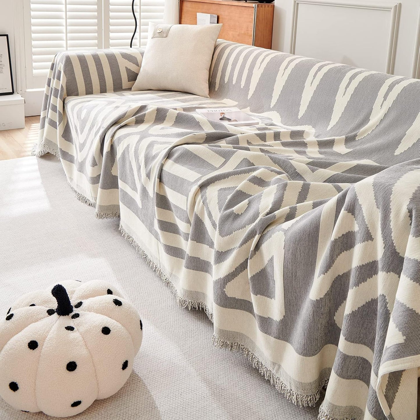 STACYPIK Durable Chenille Gray Beige Sofa Cover Boho Triangle Slipcover Furniture Protector Washable Armchair Couch Cover for 2 Cushion Couch Non-Slip Jacquard Sofa Protector Pet Friendly-71X102IN