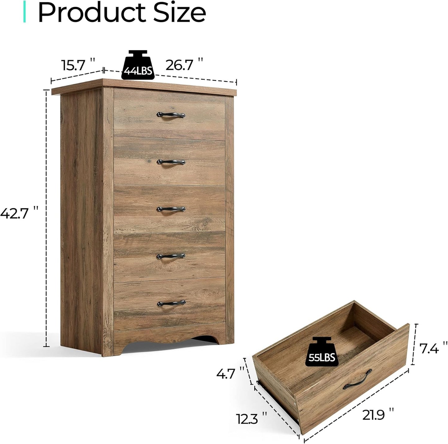 LINSY HOME 5 Drawers Dresser for Bedroom, Wood Bedroom Dresser Modern Drawer Chest, 5 Chest of Drawer, Tall Dresser for Closet, Dressers Organizer for Living Room, Closet, Hallway, Nursery