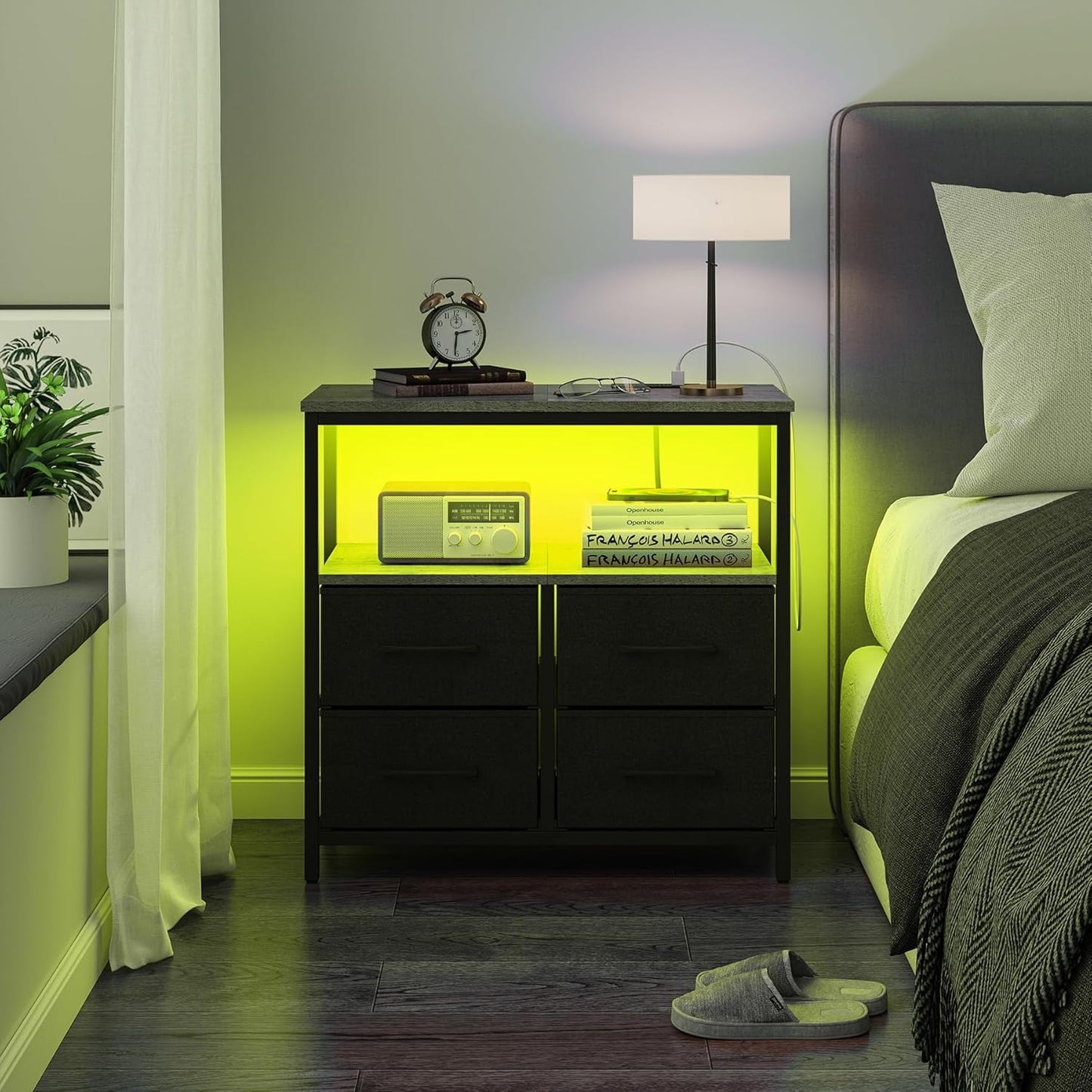 TUTOTAK LED Night Stand with Charging Station, Large Nightstand with USB and Type-C Port, Bedside Table with Cloth Drawers, End Table for Livingroom, Bedroom, Charcoal Grey TB01BY081L