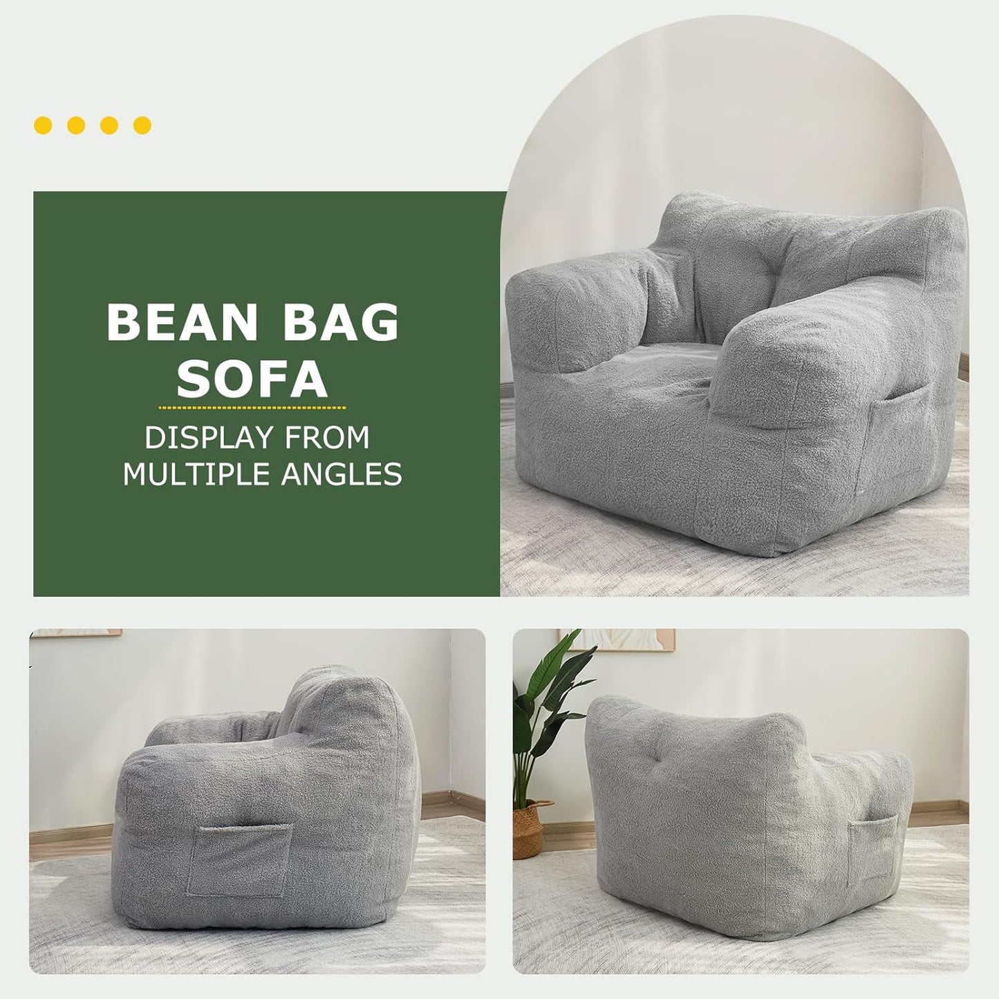 HIGOGOGO Giant Bean Bag Chairs for Adults,Big Comfy Chair Sofa for Bedroom Living Room, Large Lazy Bean Bag Chair with Pocket Armrests for Gaming, Reading