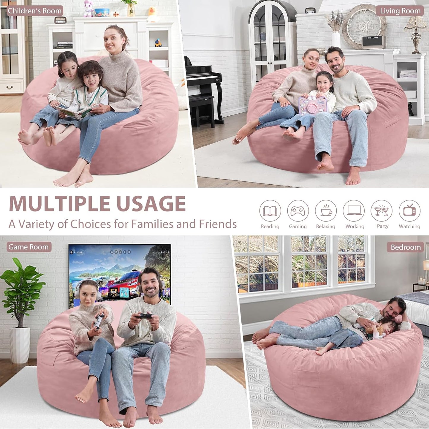 5FT Bean Bag Chair, Large Bean Bag Chairs with Memory Foam Filled, Fluffy Beanbag Sofa with Dutch Velvet Cover, Round BeanBag Chairs for Living Room, Playroom - Light Pink