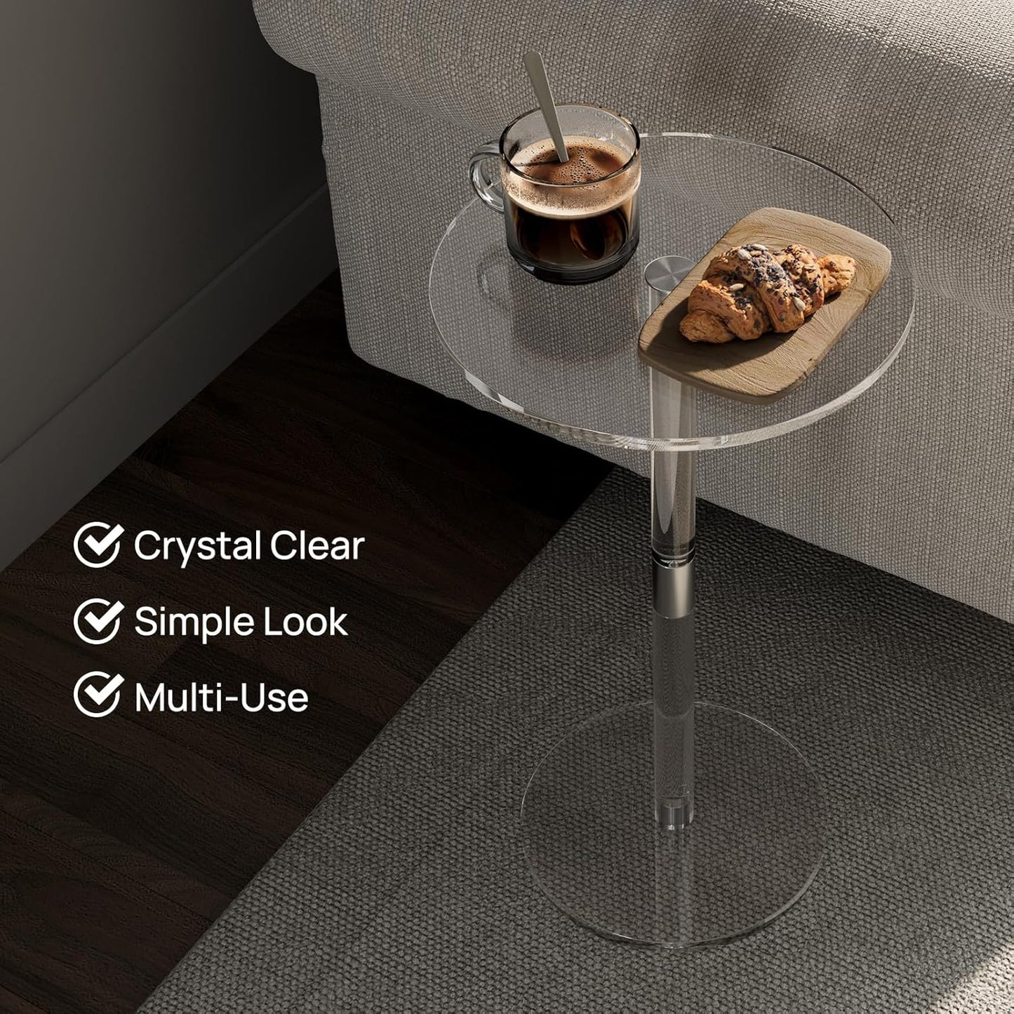 HMYHUM Acrylic Drink Table for Small Spaces, 11.8" L x 11.8" W x 21.3" H, Clear Pedestal Side Table for Living Room, Round, Easy Assembly