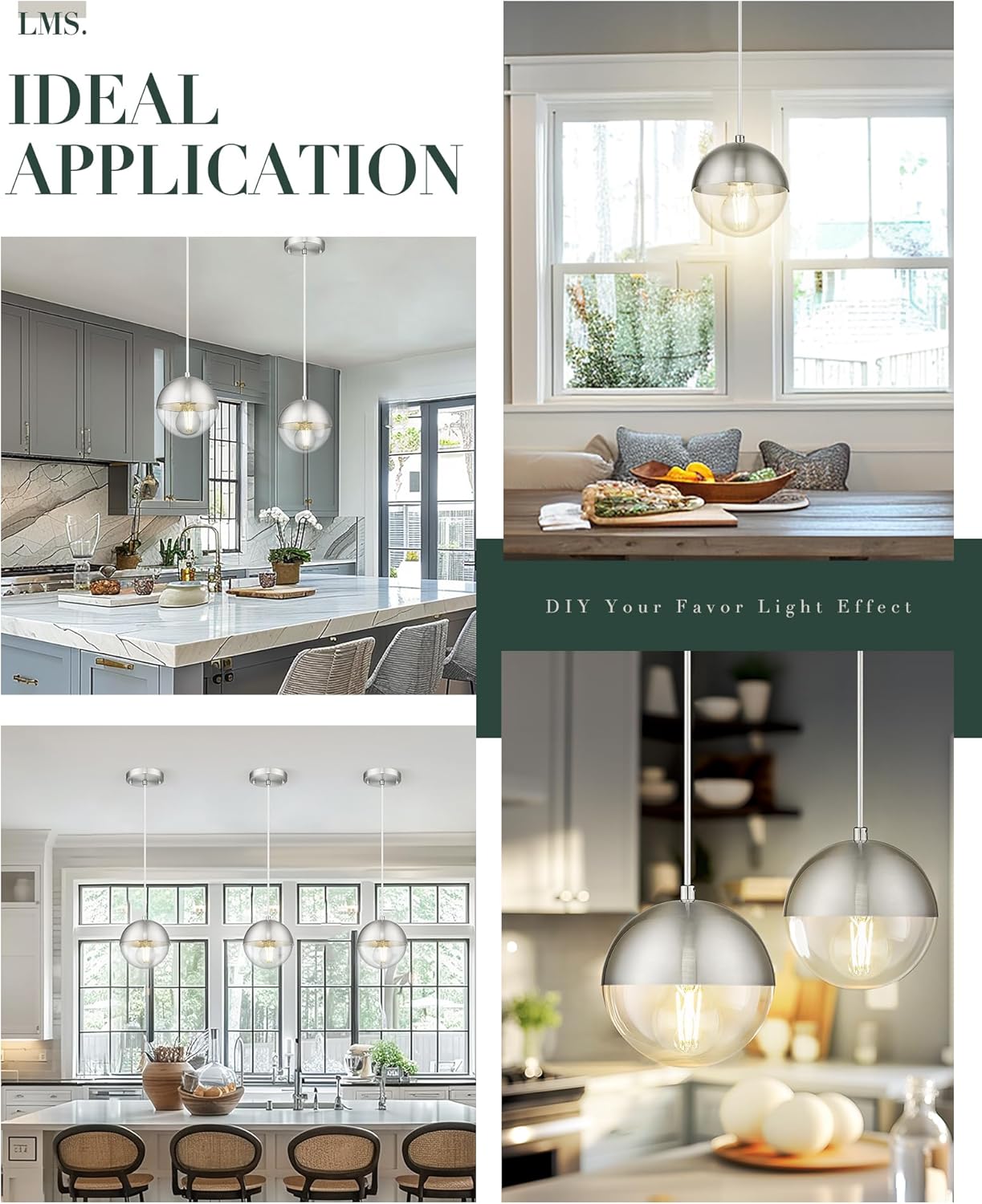 LMS 6-inch Industrial Pendant Light, Brushed Nickel Hanging Light Kitchen Island with Clear Globe Glass, Adjustable Hanging Pendant Light Fixtures for Dining Room Living Room Guest Room, LMS-186BNCS