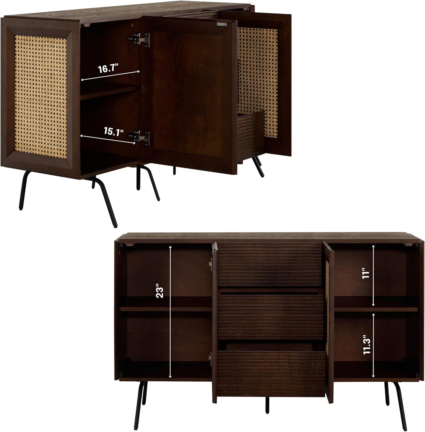 NTC MOSSIC Sideboard with 2 Doors and 3 Drawers, Buffet Cabinet with Natural Rattan and Metal Legs, Modern Storage Cabinet for Living Room, and Hallway, Effortless Assembly - Dark Walnut