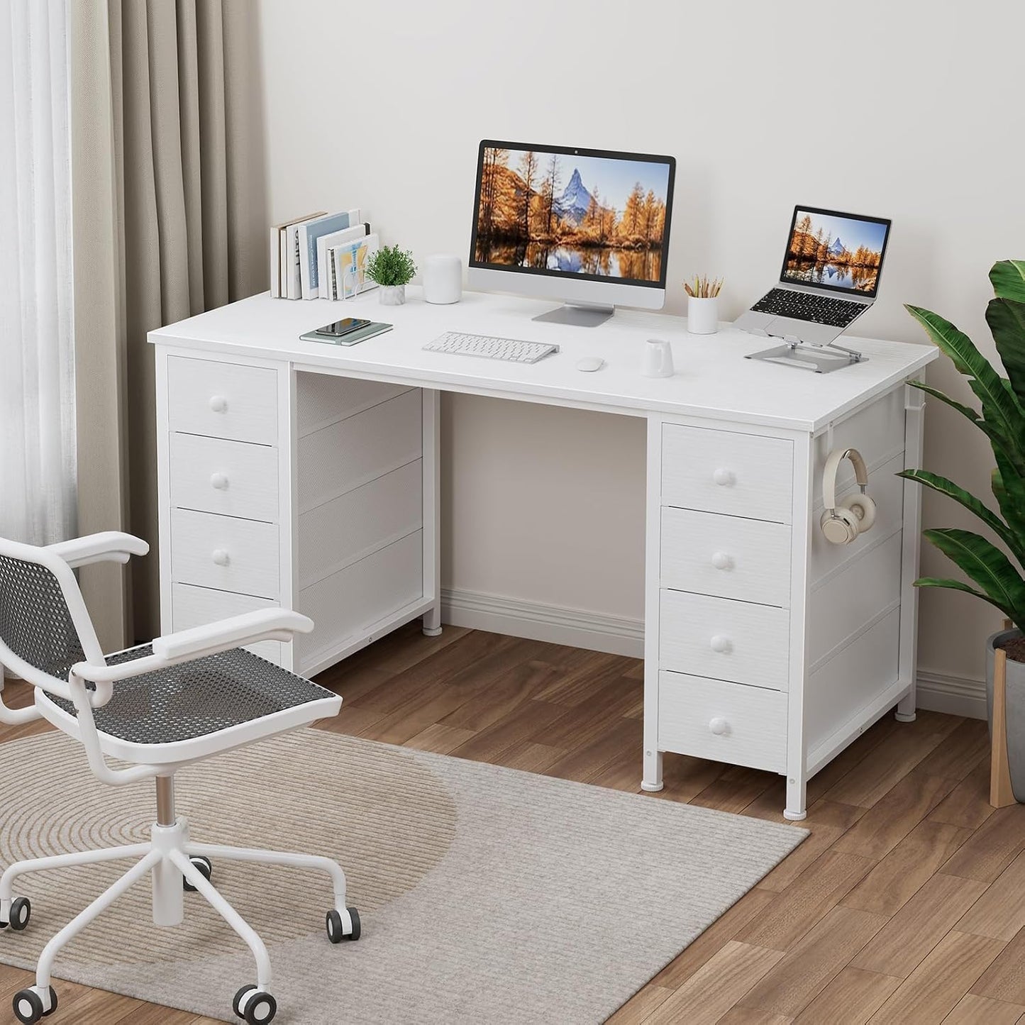 White Vanity Desk No Mirror - 47 Inch White Office Computer Desk with 8 Fabric Drawers on Both Sides for Girls, Makeup Work Writing Study Desks, Vanity Table No Mirror for Bedroom