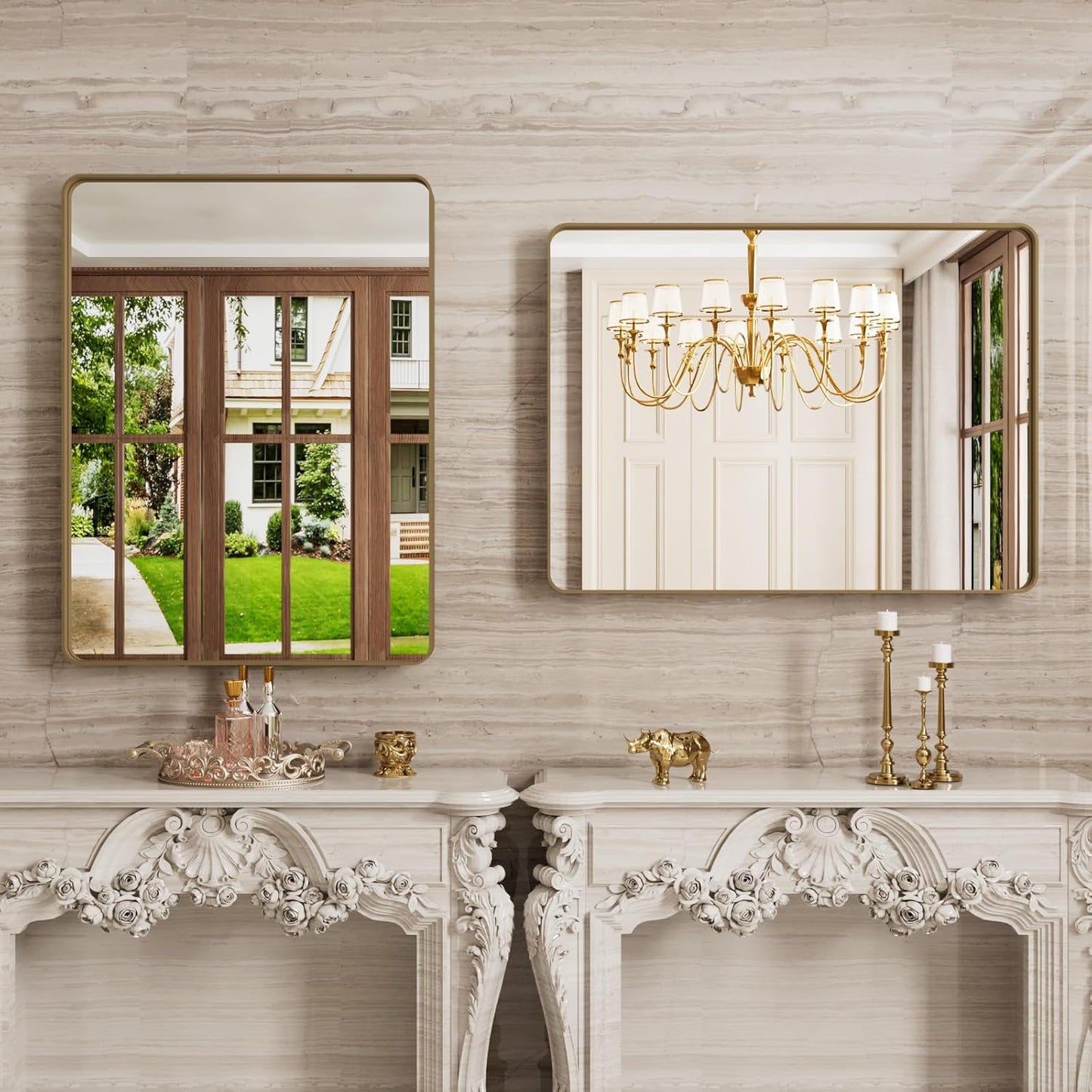 Bronze Bathroom Mirror 24x32 Inch, Brushed Bronze Metal Frame Mirror for Wall, Rounded Rectangle Bathroom Vanity Mirror with Tempered Glass, Anti-Rust, Horizontal/Vertical